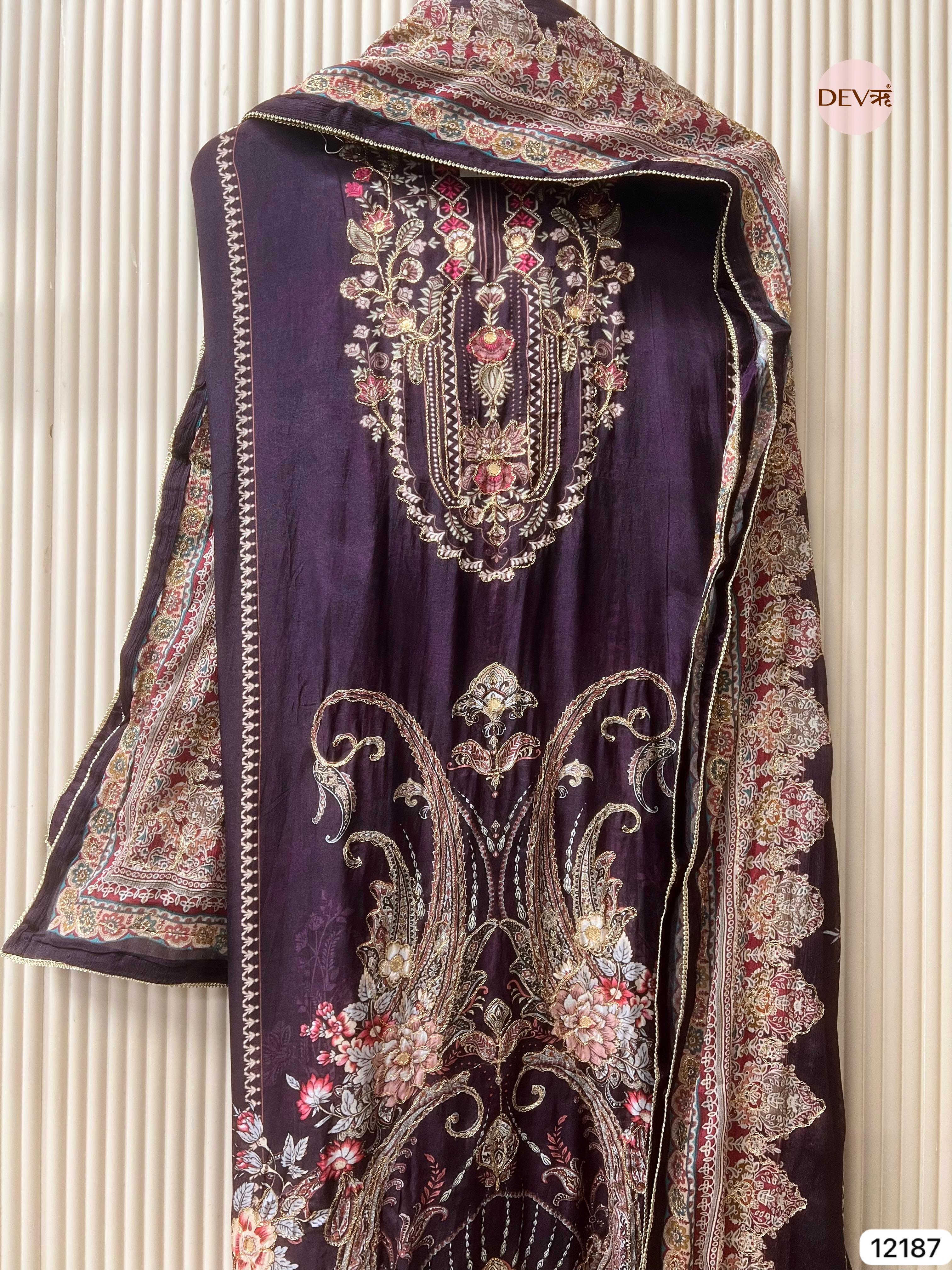 Purple Pure Muslin Unstitched Printed -Set Of 3 - {12187}