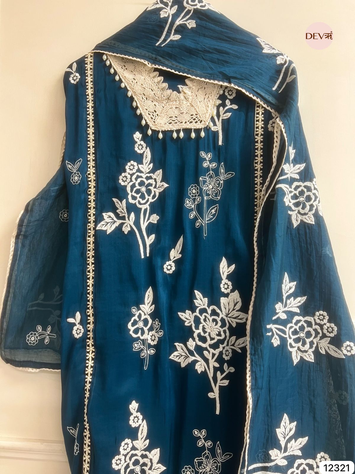 Peacock Blue Mul Chanderi Embroidered Unstitched 3-Piece Suit (Devri – D.No-12321)