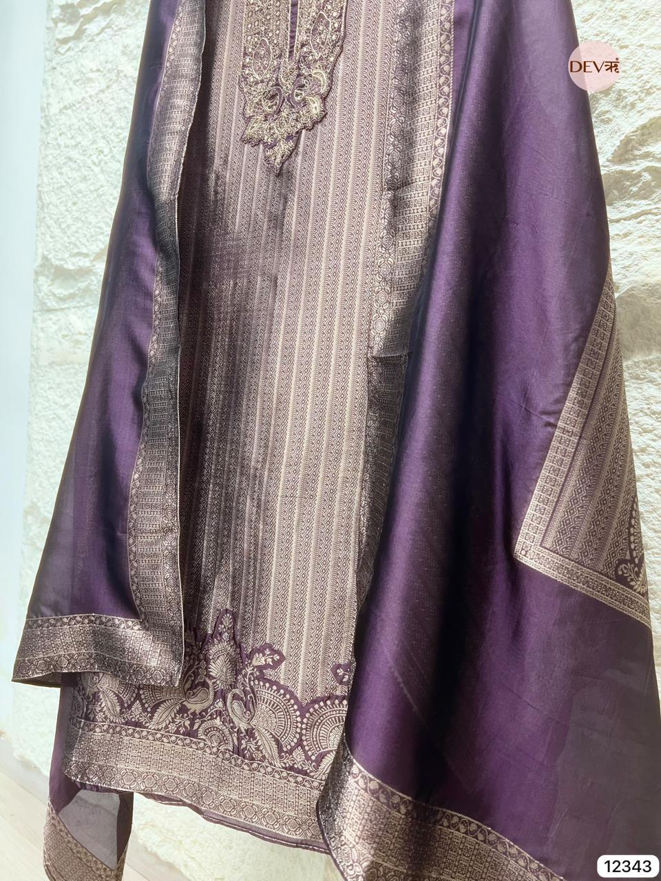 Deep Plum Pure Banarasi Silk Woven Unstitched 3-Piece Suit (Devri – D.No 12343)