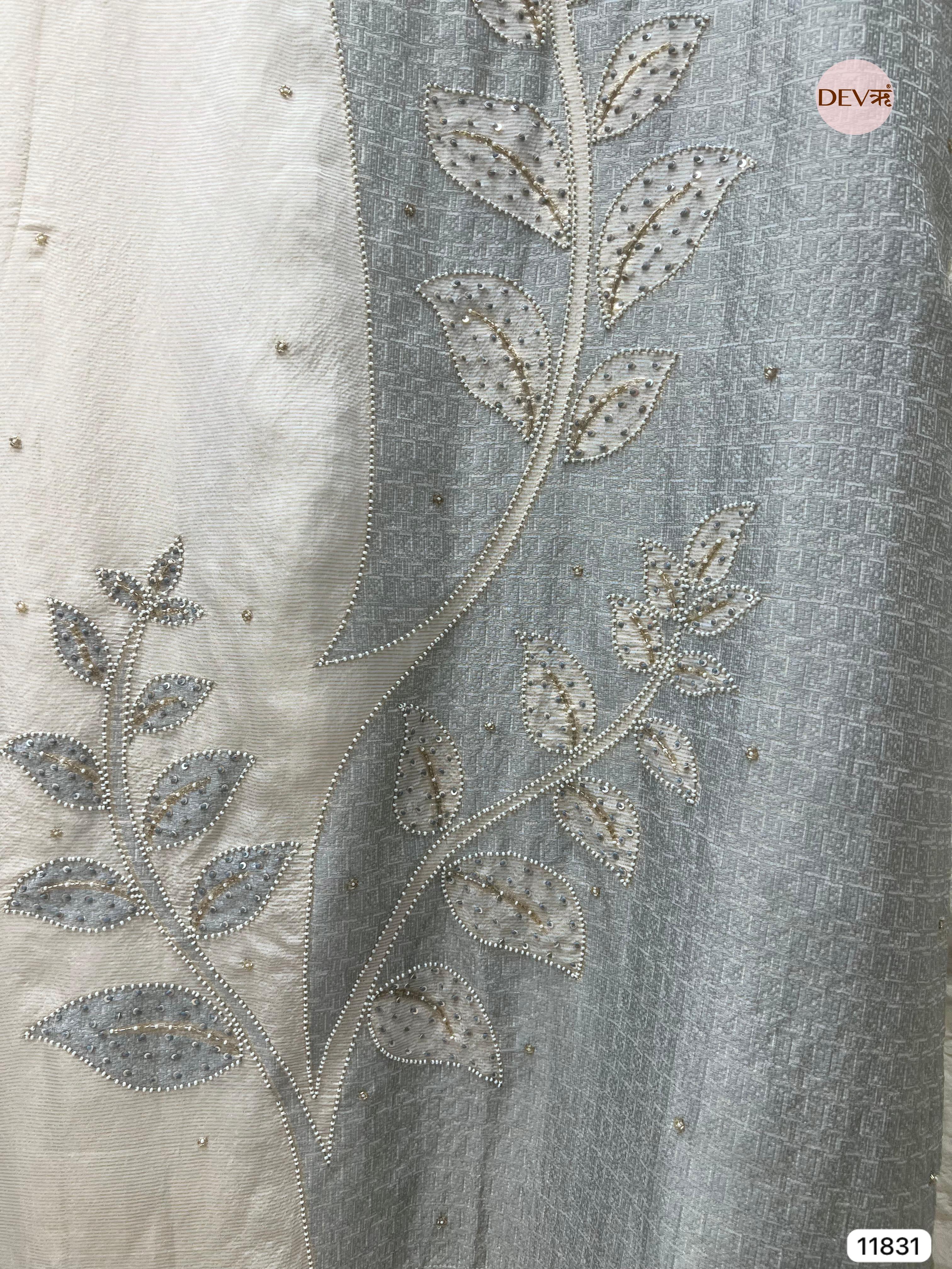 Light Grey/Silver Shimmer Silk Banarasi Weave Unstitched Hand Embroidered -Set Of 3- {11831}