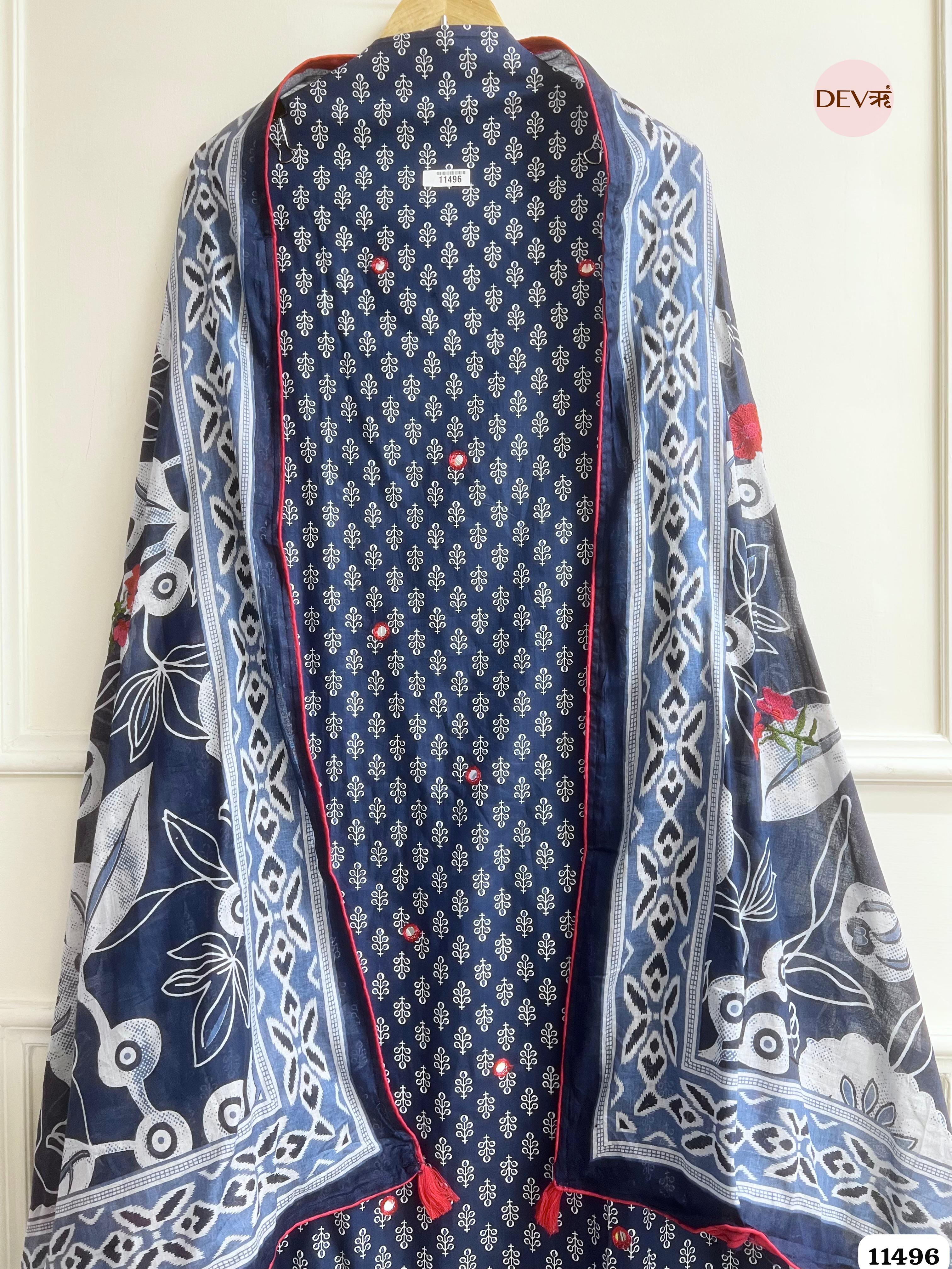 Navy Blue Mul Cotton Unstitched Printed Hand Embroidered -Set Of 3 {11496}