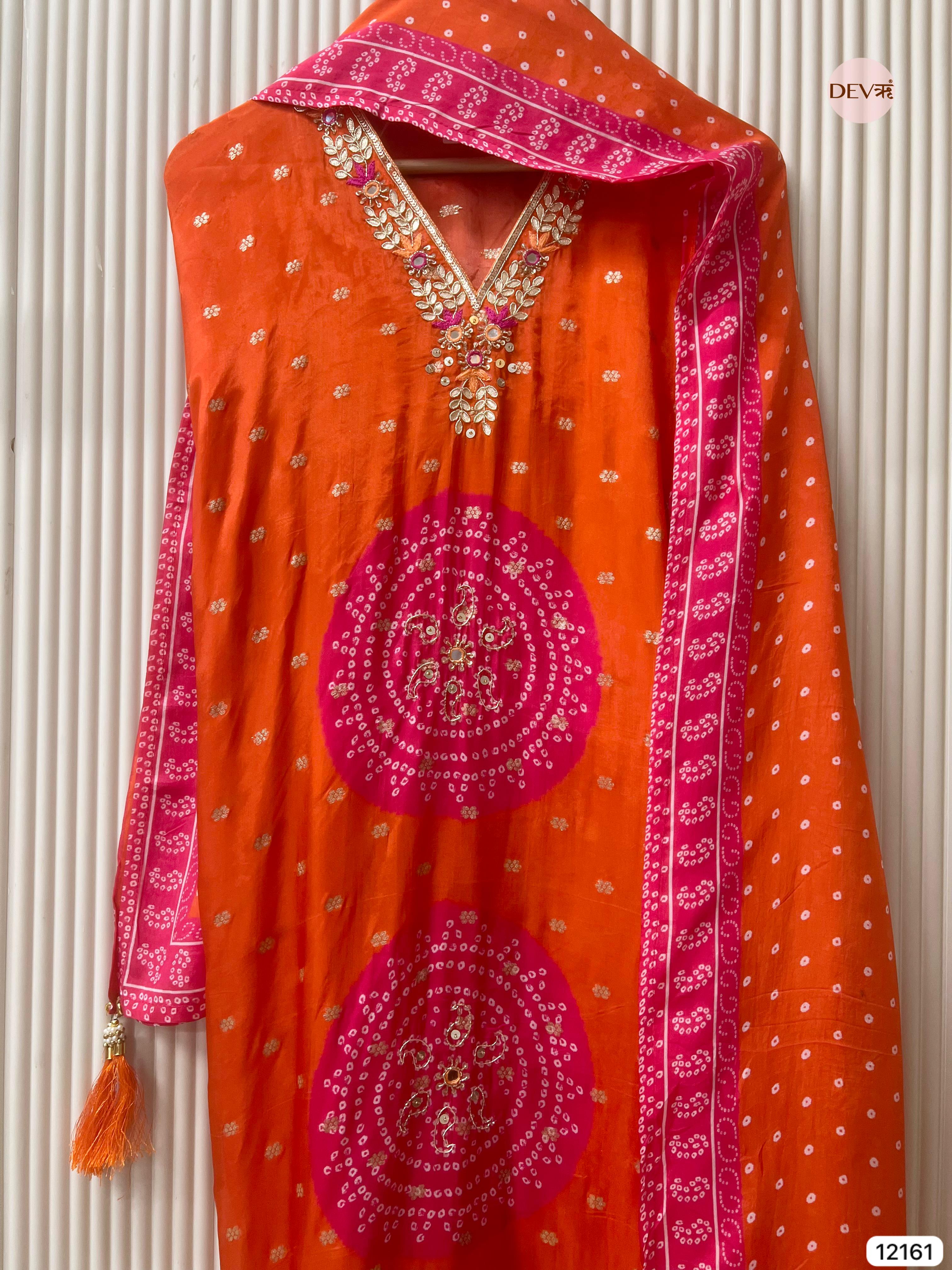 Orange Pure Shimmer Organza Silk Unstitched Banarasi Woven Bandhani Printed Hand Embroidered -Set Of 3 - {12161}