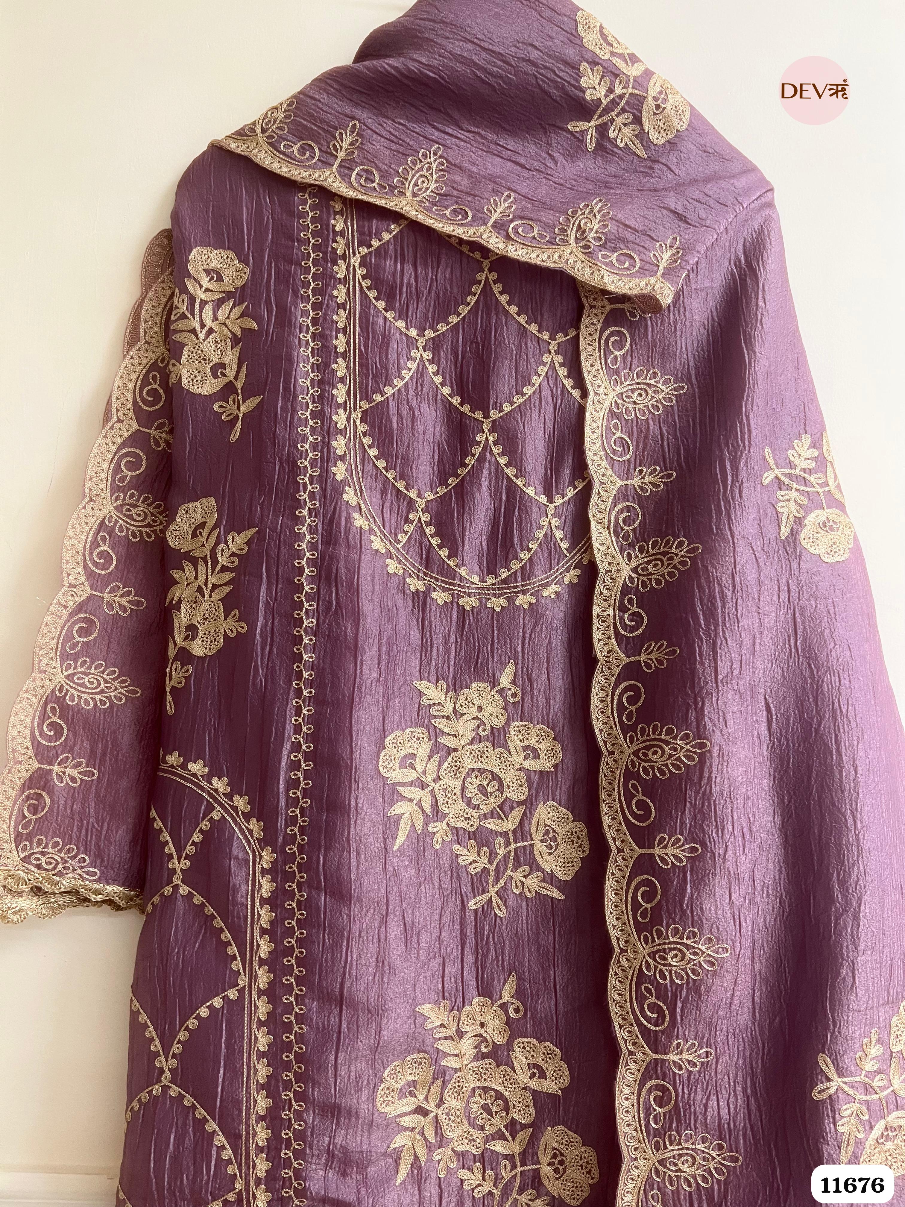 Purple Tissue Crush Unstitched Embroidered -Set Of 3 {11676}