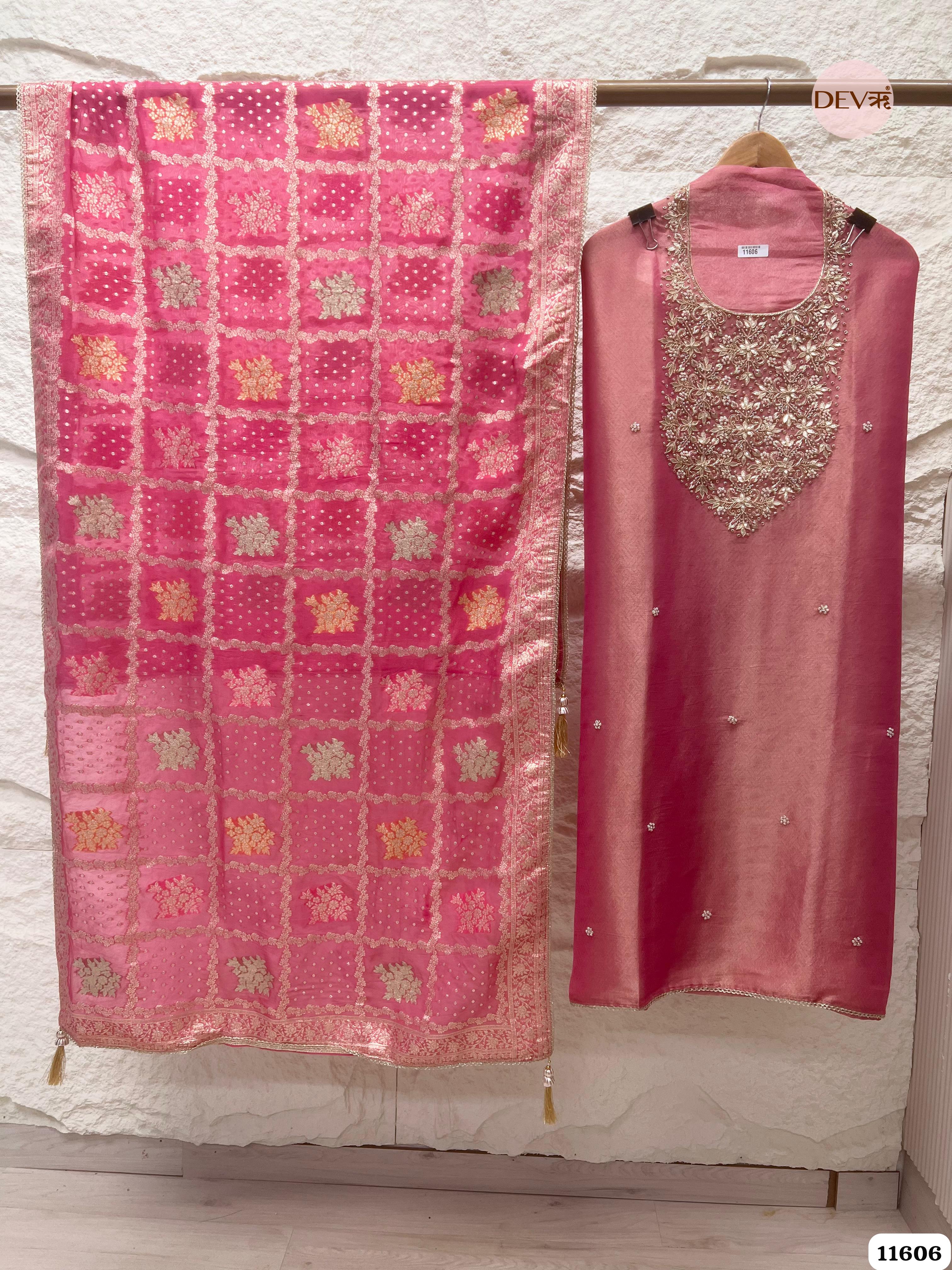 Crimson Pink Pure Tissue Banarasi Silk Unstitched Hand Embroidered -Set Of 3 {11606}