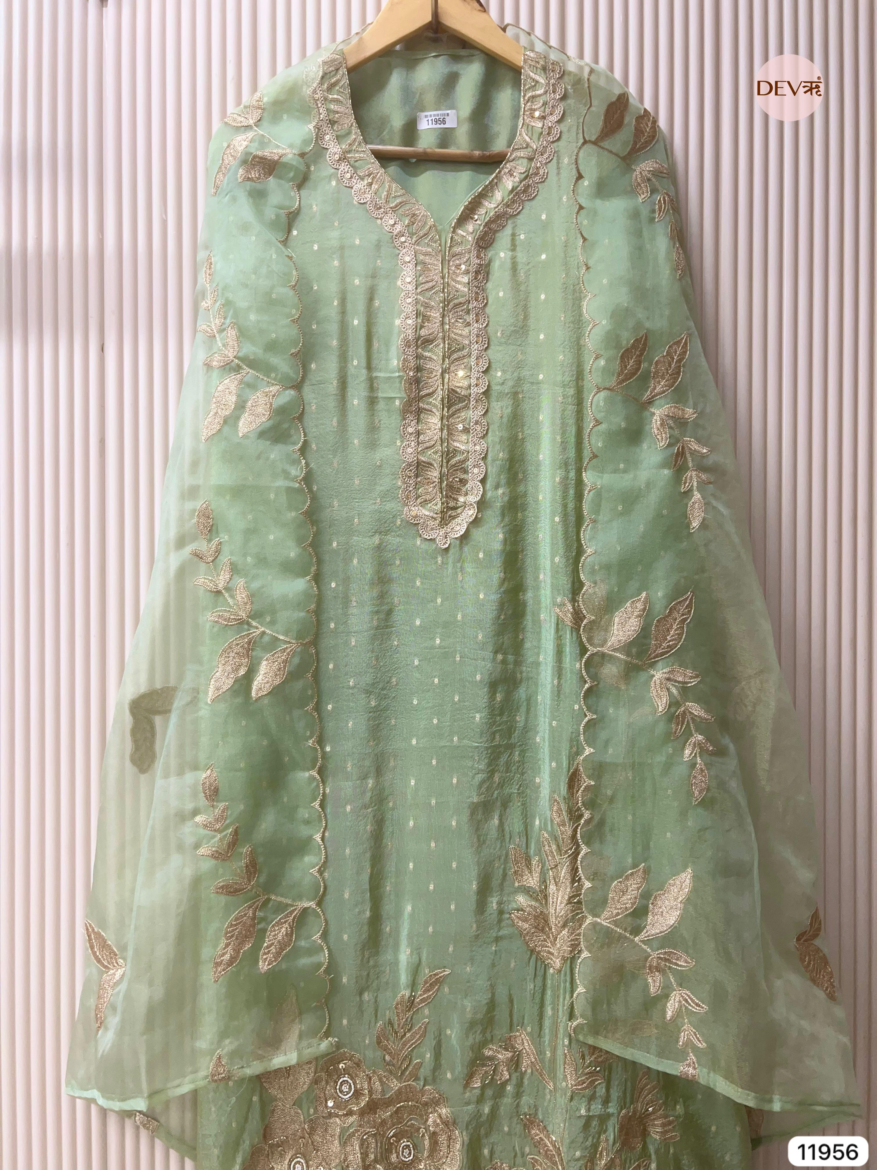 Green Tissue Silk Unstitched Banarasi Weave Embroidered -Set Of 3 - {11956}