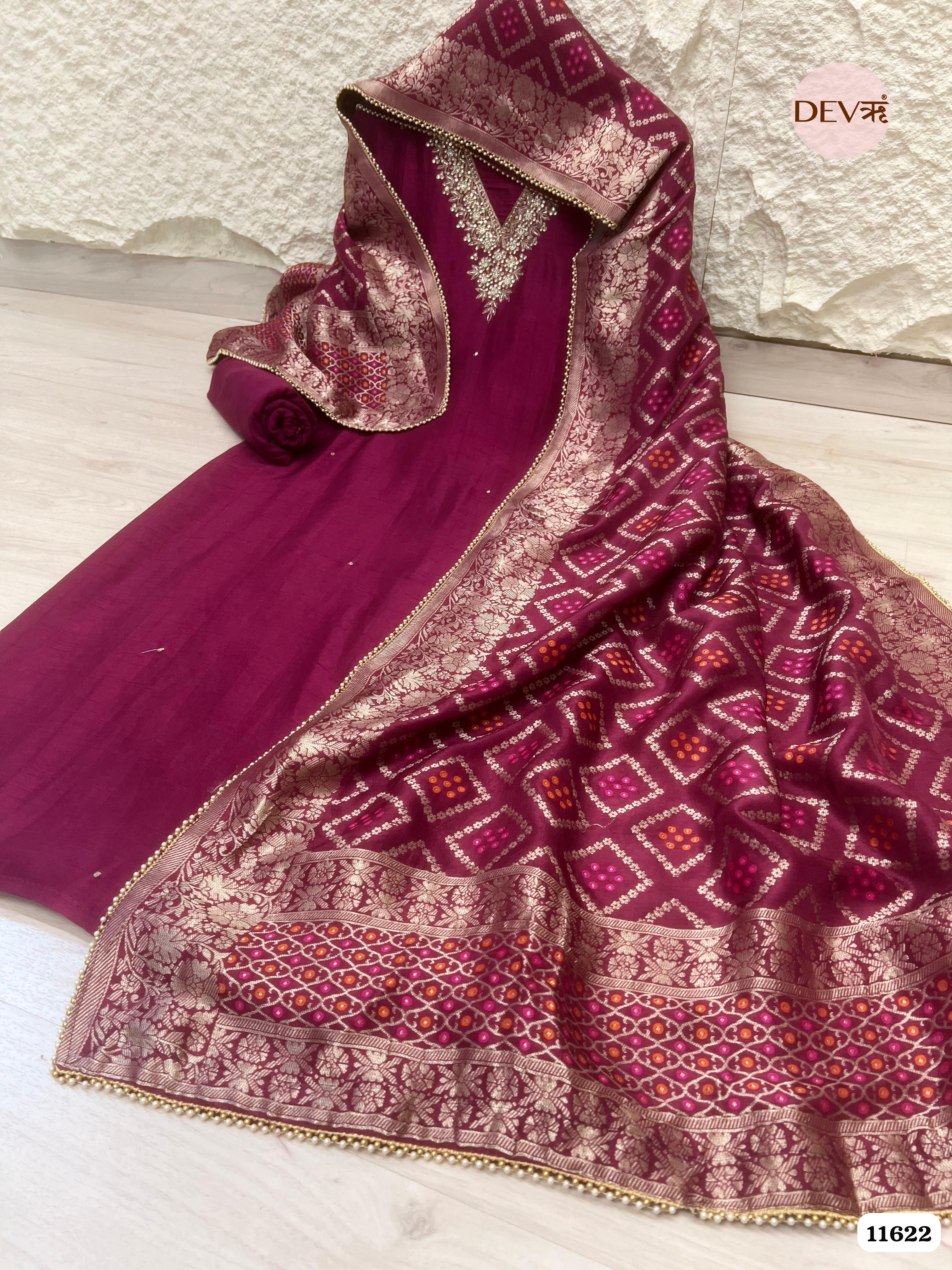 Magenta Pink Pure Russian Silk Unstitched Hand Embroidered -Set Of 3 {11622}