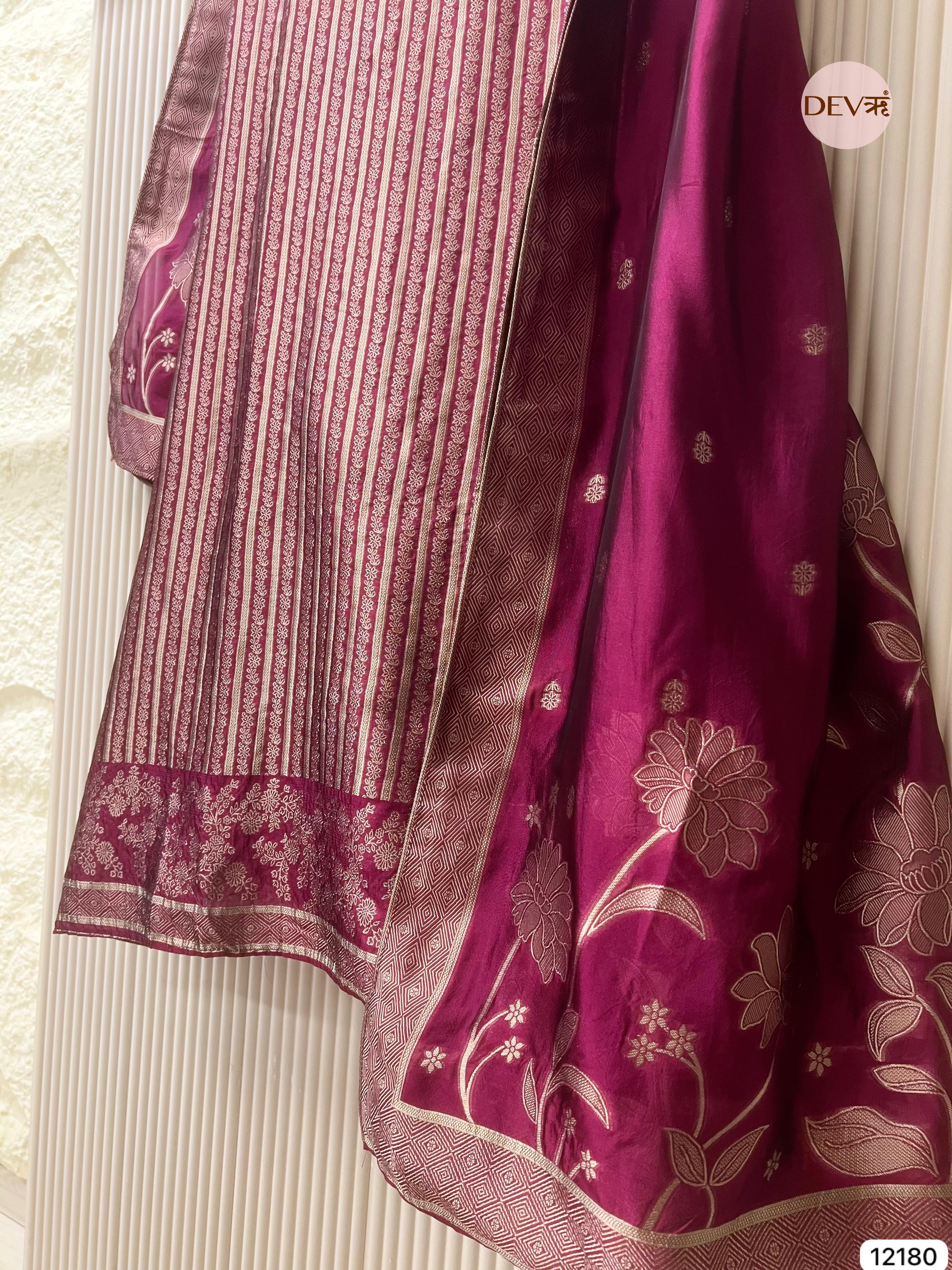 Maroon Pure Banarasi Silk Unstitched Hand Embroidered-Set of 3 - {12180}