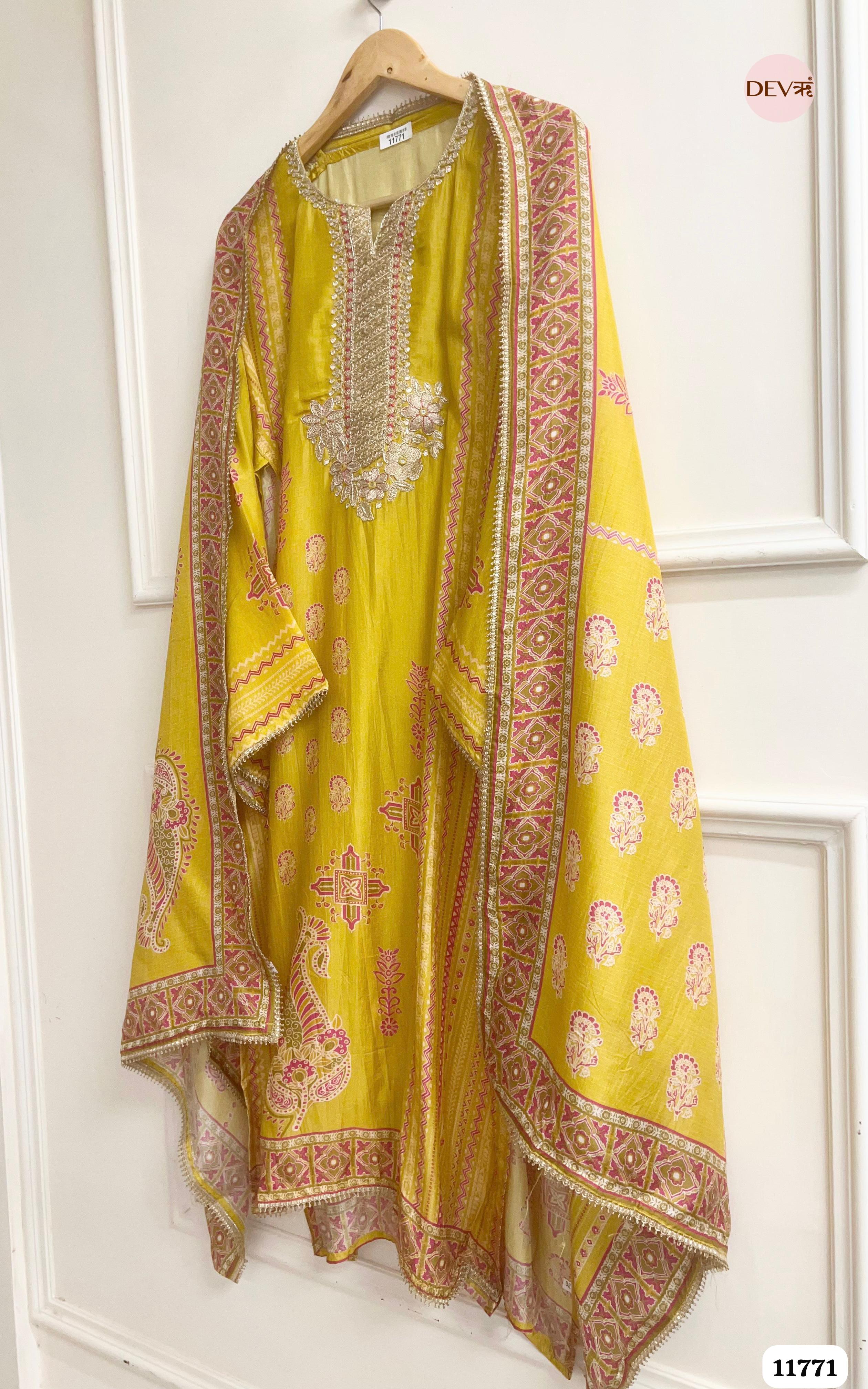 Yellow Russian Silk Unstitched Hand Embroidered -Set Of 3 {11771}