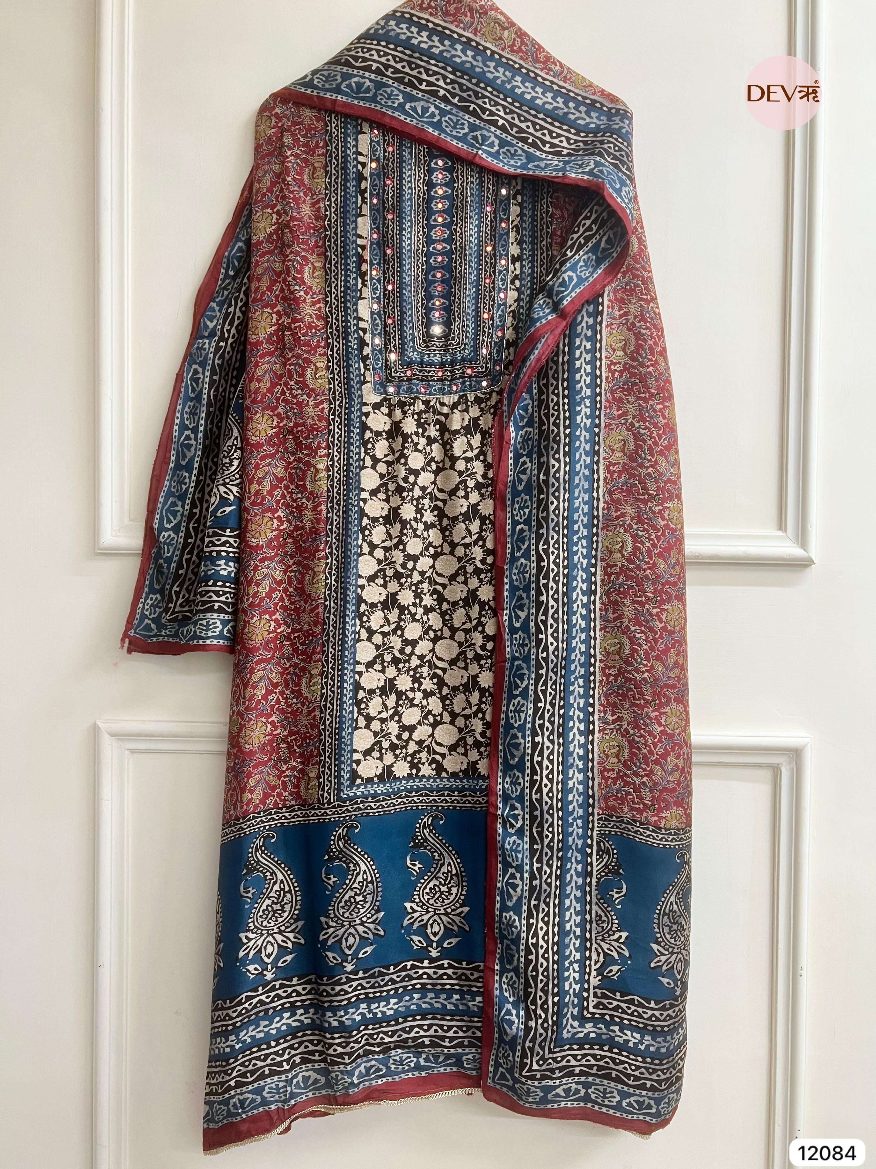 Multi colour Pure Muslin Unstitched Printed Embroidered -Set Of 3 - {12084}