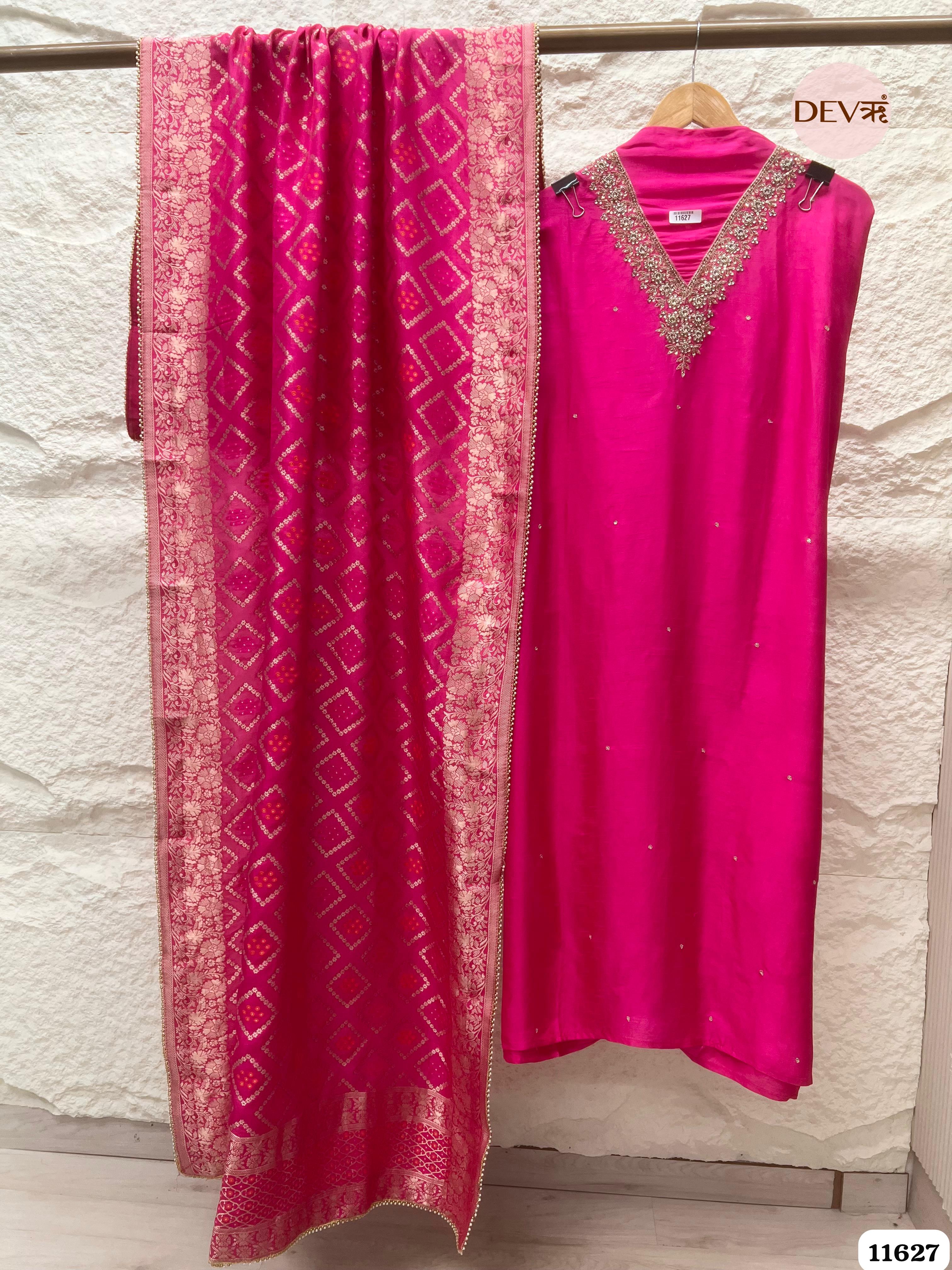 Hot Pink Pure Russian Silk Unstitched Hand Embroidered -Set Of 3 {11627}