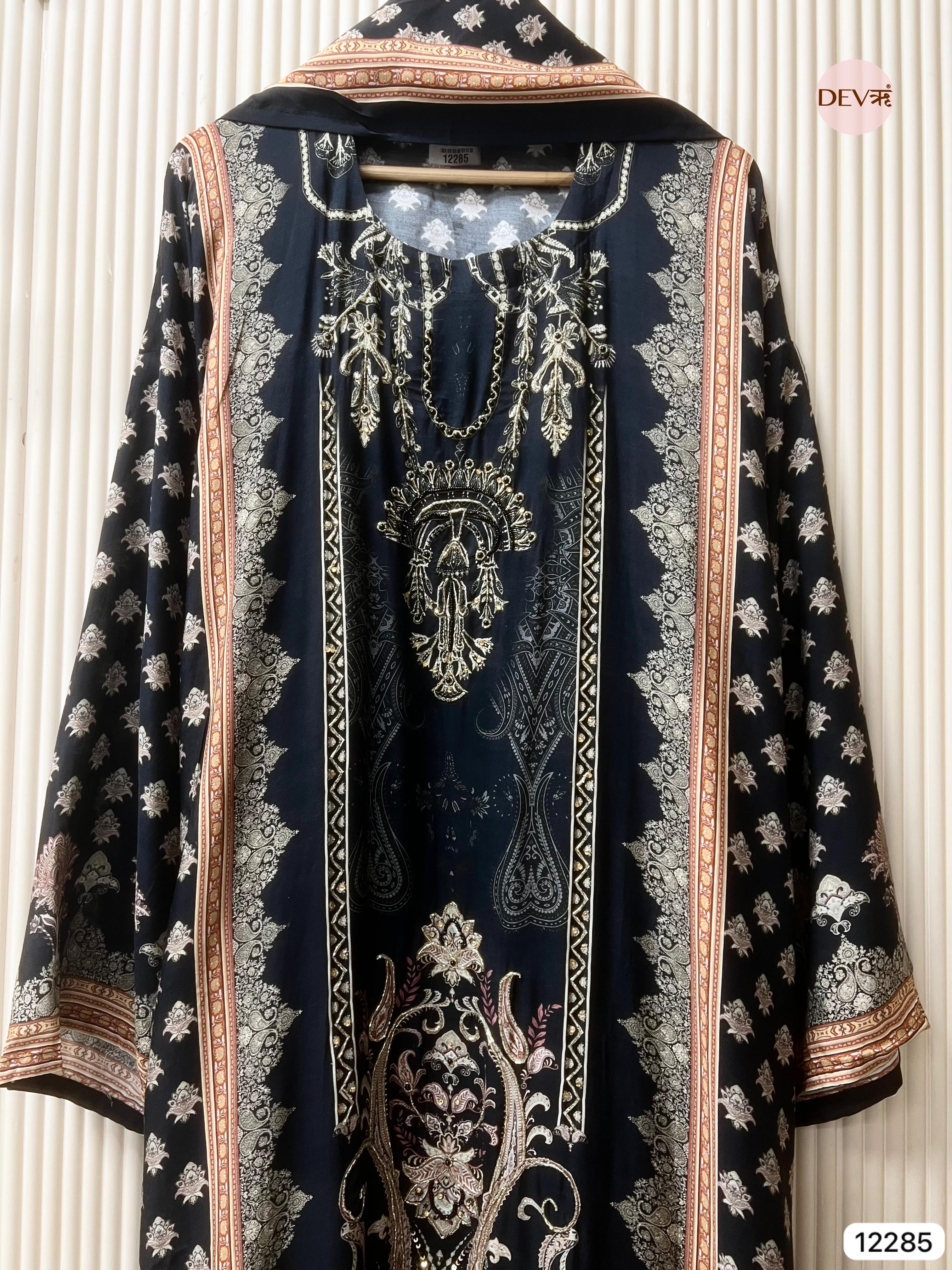 Navy Blue Muslin Printed Unstitched 3-Piece Suit (Devri – D.No 12285)