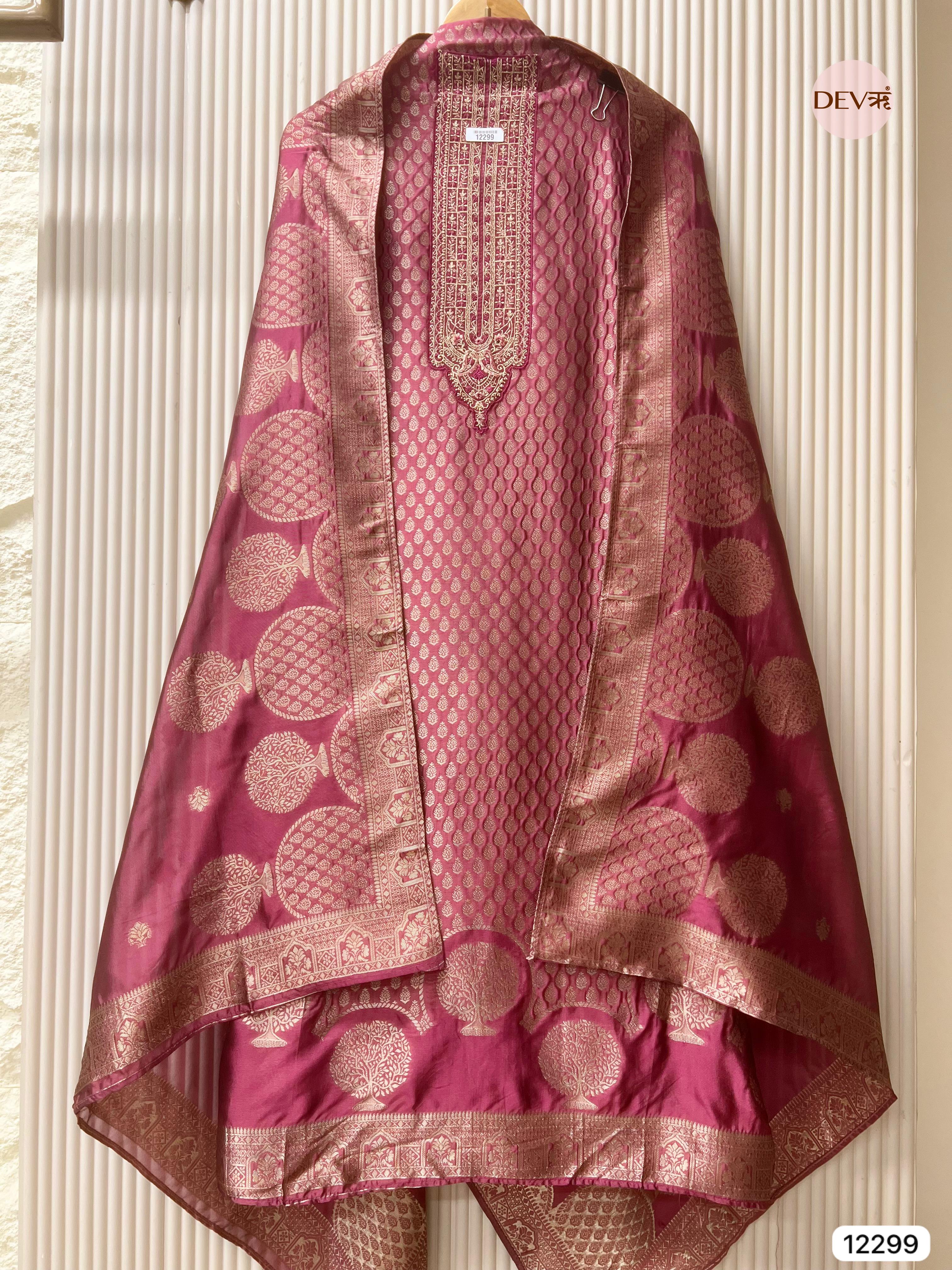 Rani Pink Pure Banarasi Silk Woven Unstitched 3-Piece Suit (Devri – D.No 12299)
