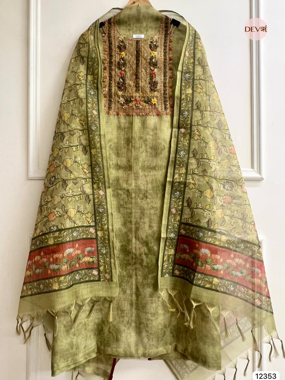 Olive Green Linen Hand Embroidered Unstitched 3-Piece Suit (Devri – D.No 12353)