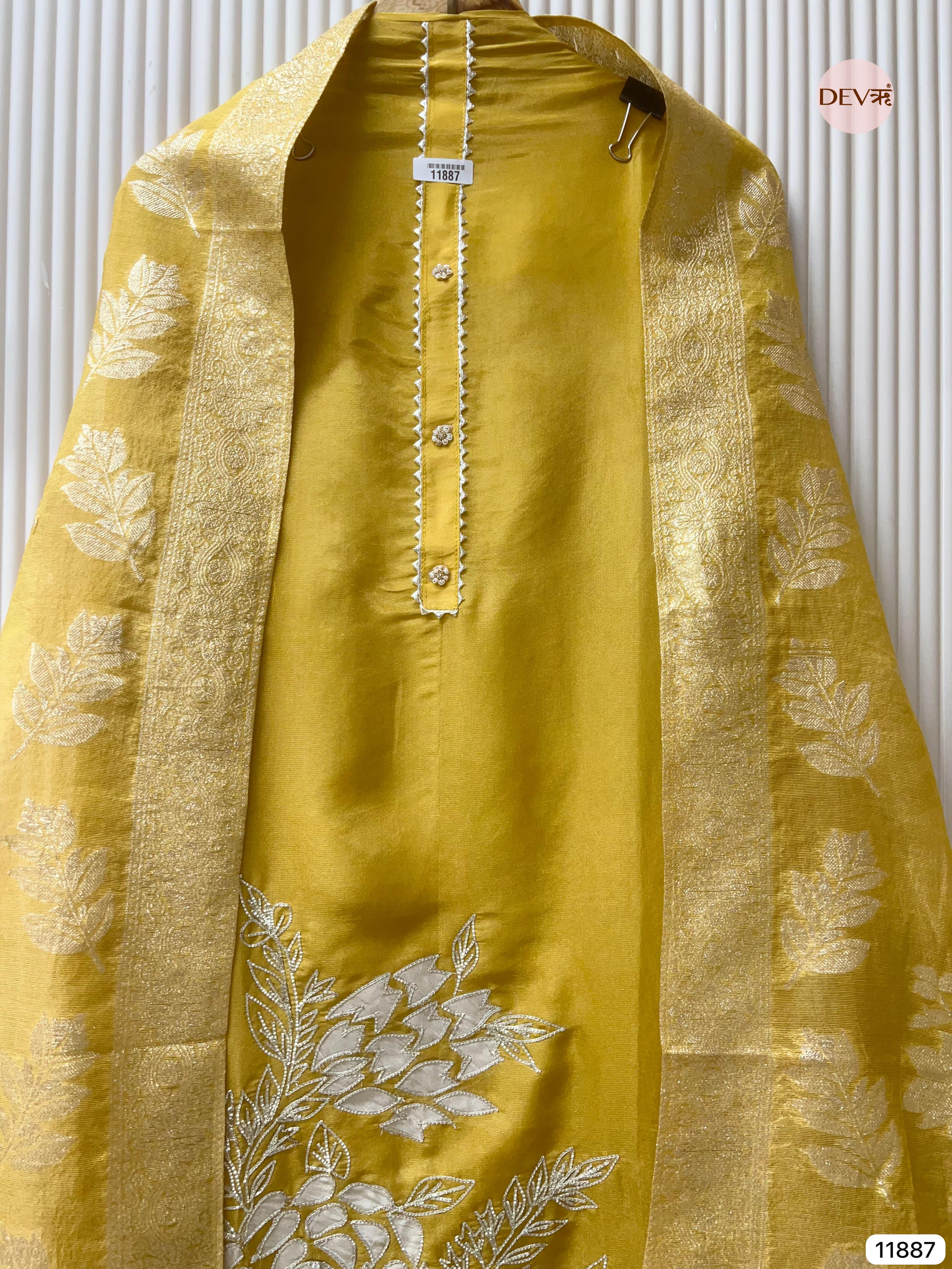 Yellow Tissue Silk Shimmer Silk Unstitched Hand Embroidered -Set Of 3- {11887}