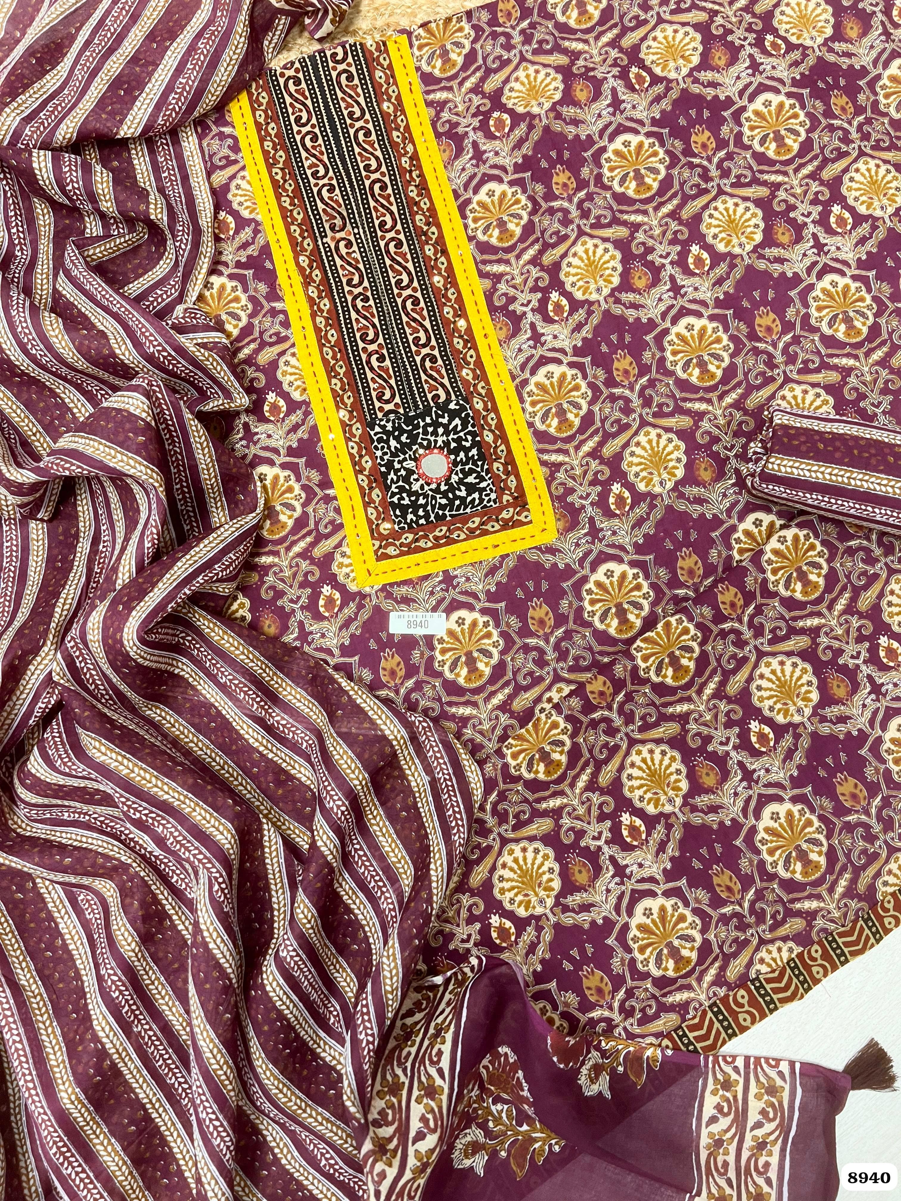 Maroon Cotton Printed Unstitched Hand Embroidered-Set Of 3 {8940}