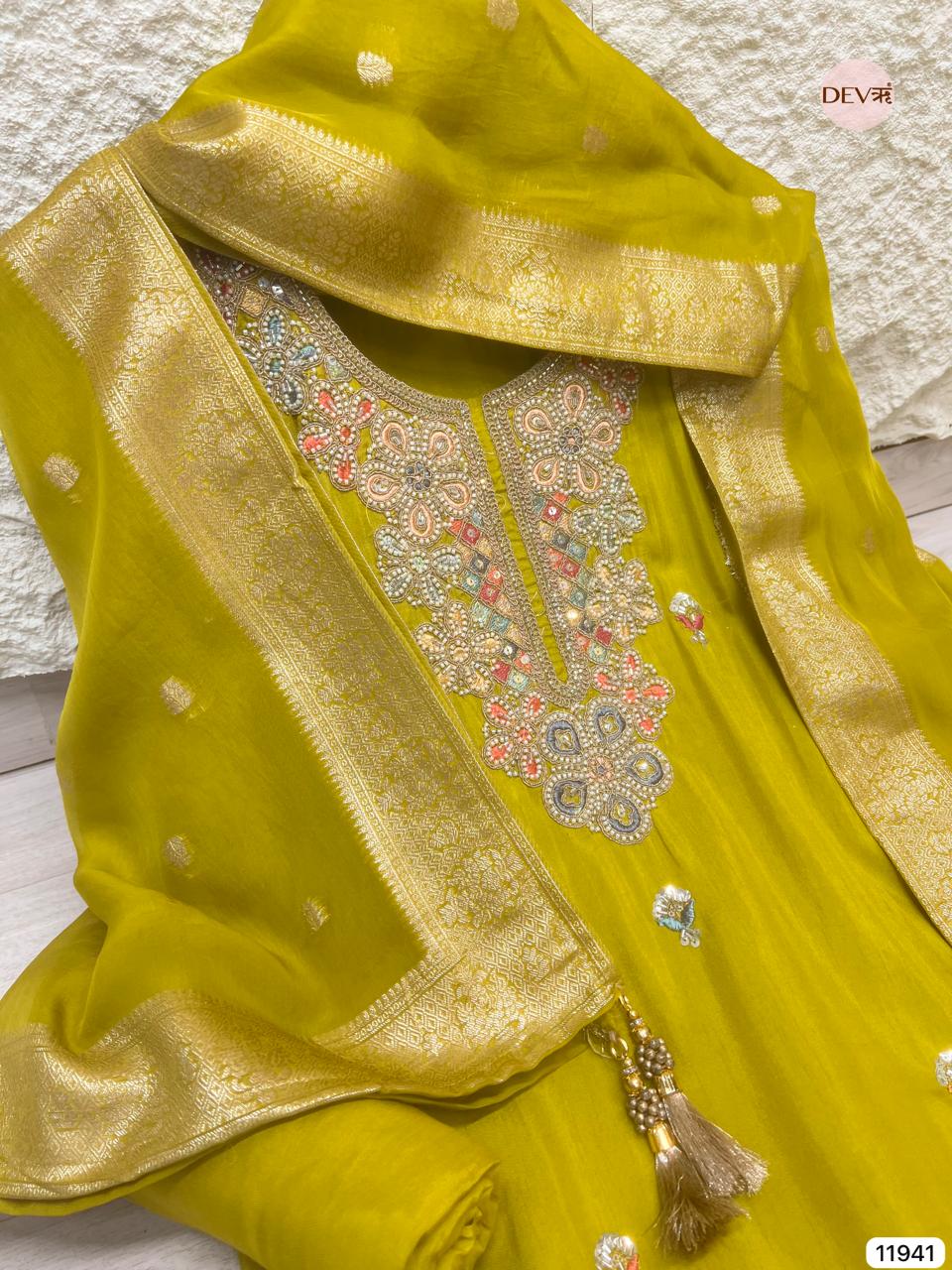 Yellow Pure Russian Silk Unstitched Hand Embroidered -Set Of 3- {11941}