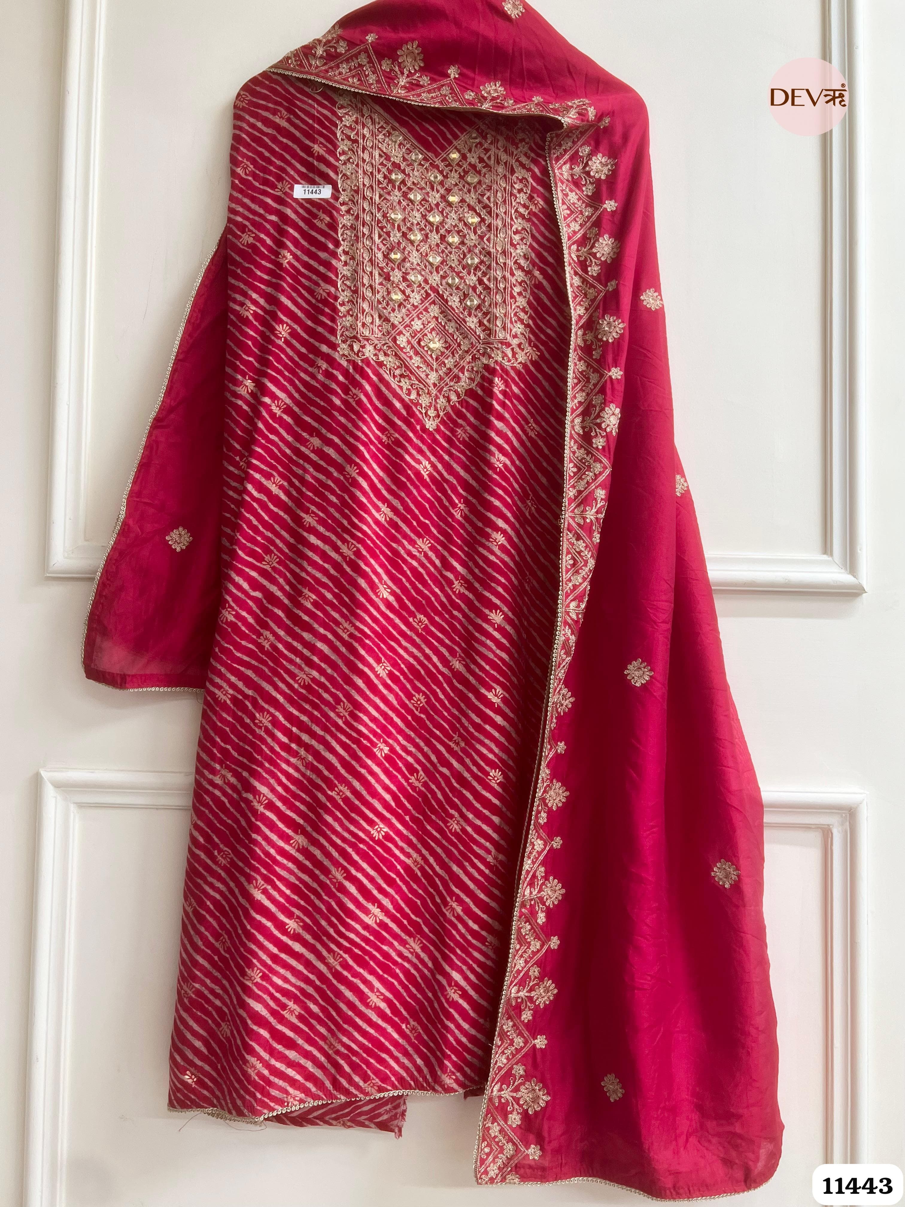 Rani Pink Modal Silk Unstitched Printed Embroidered -Set Of 3 {11443}