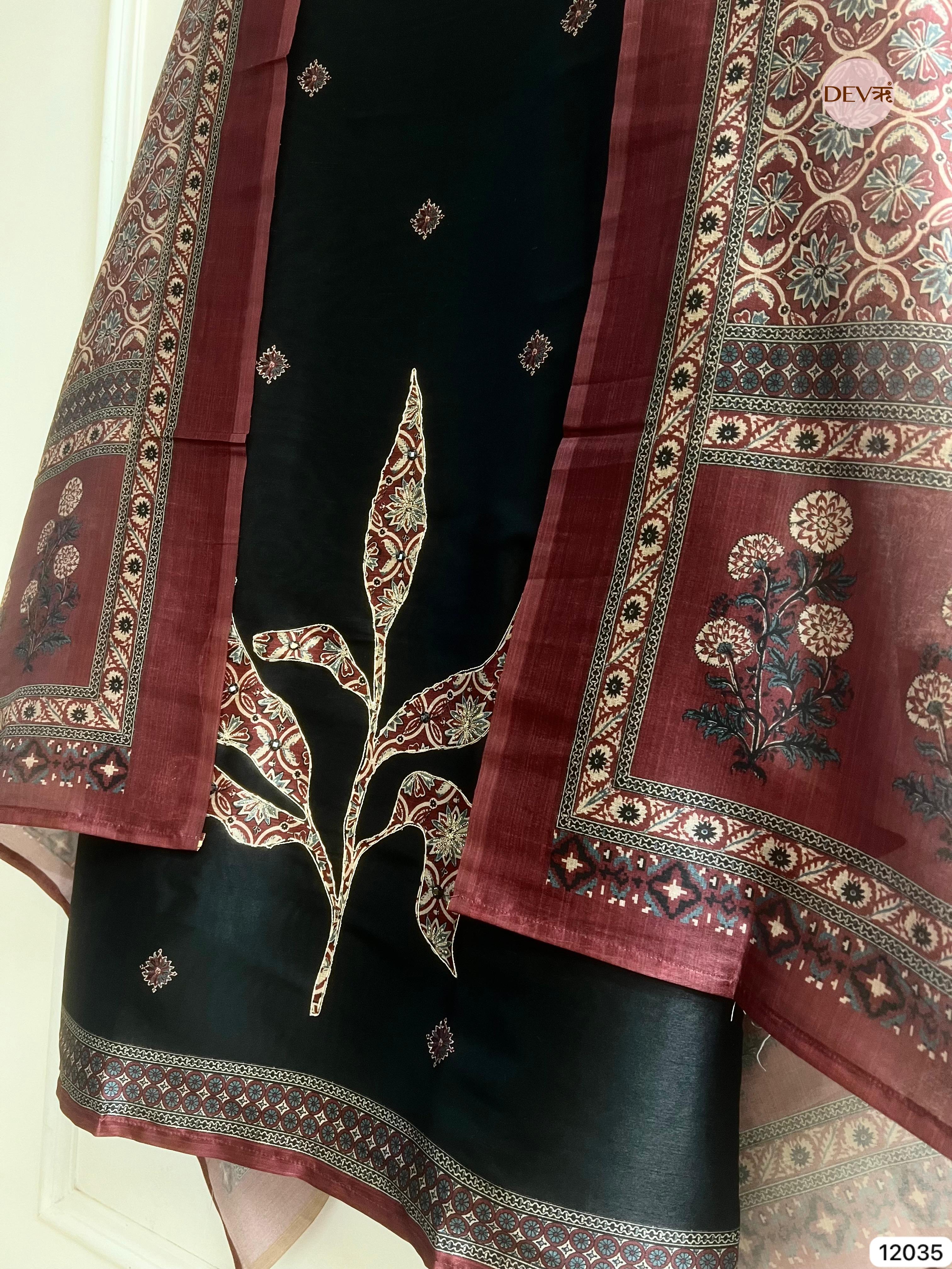 Black Raw Silk Unstitched Hand Applique Work Embroidered -Set Of 3 - {12035}