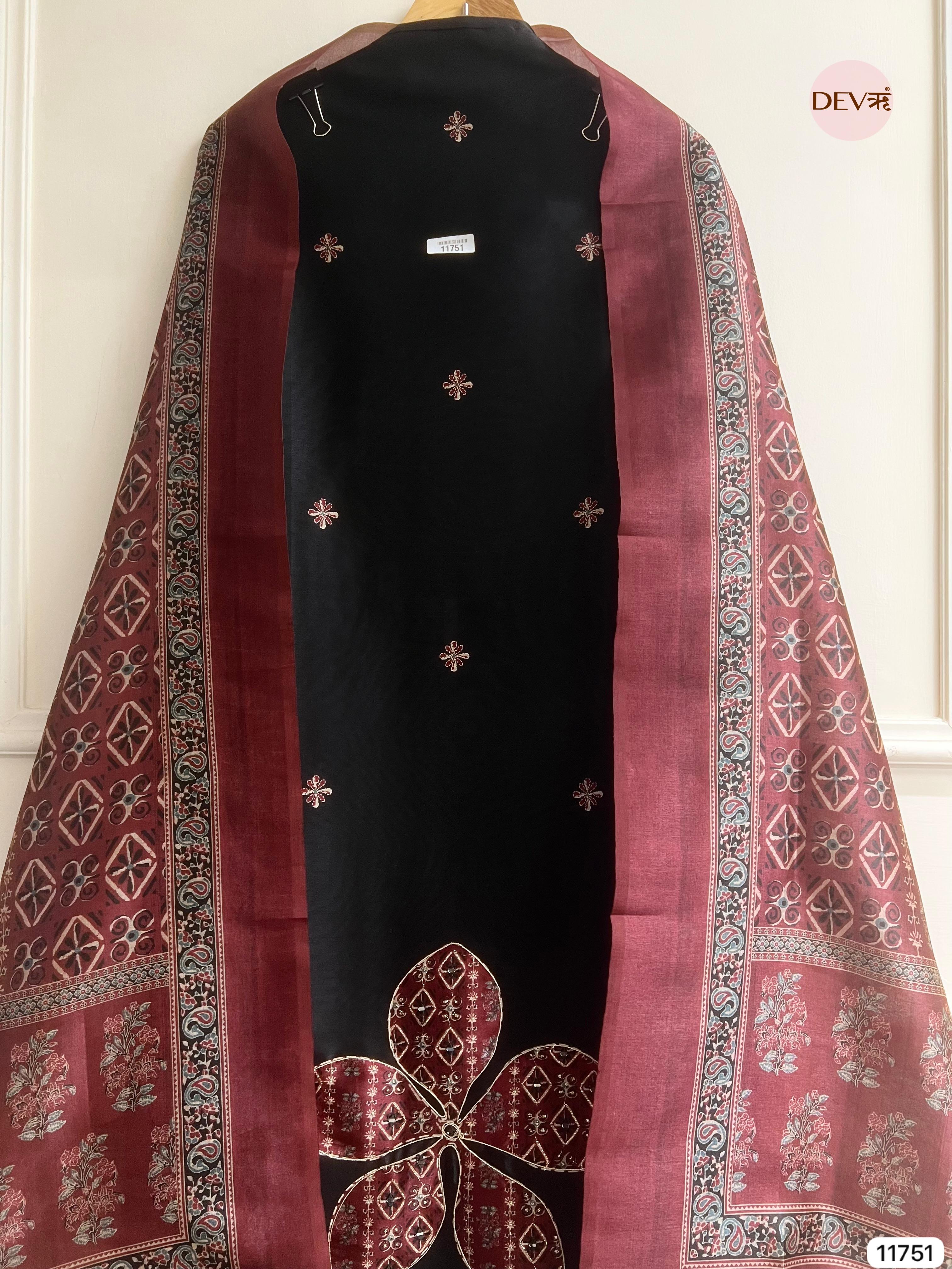 Black Raw Silk Unstitched Hand Applique Work Embroidered -Set Of 3 - {11751}