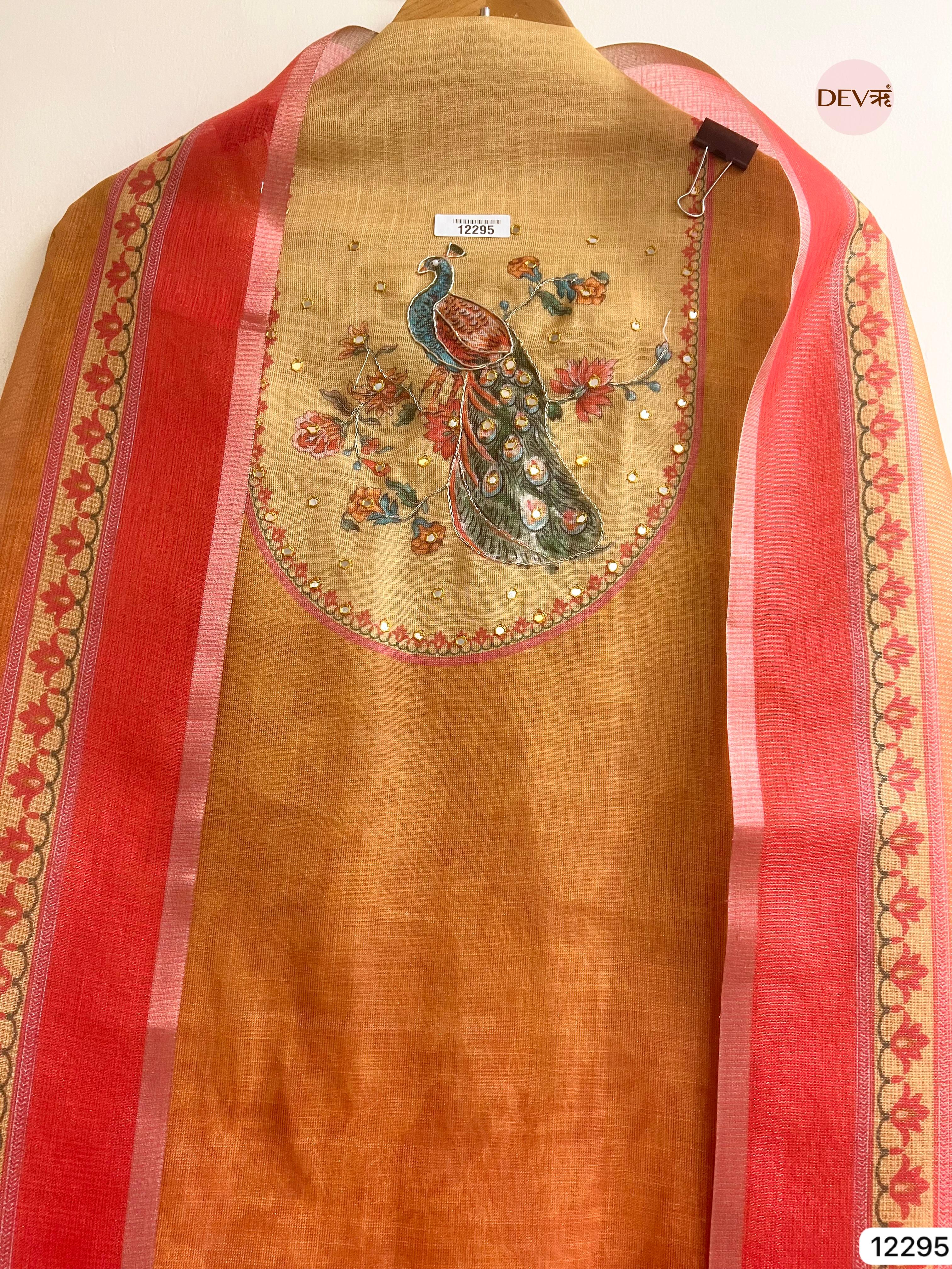 Mustard Red Linen Printed Unstitched 3-Piece Suit (Devri – D.No 12295)