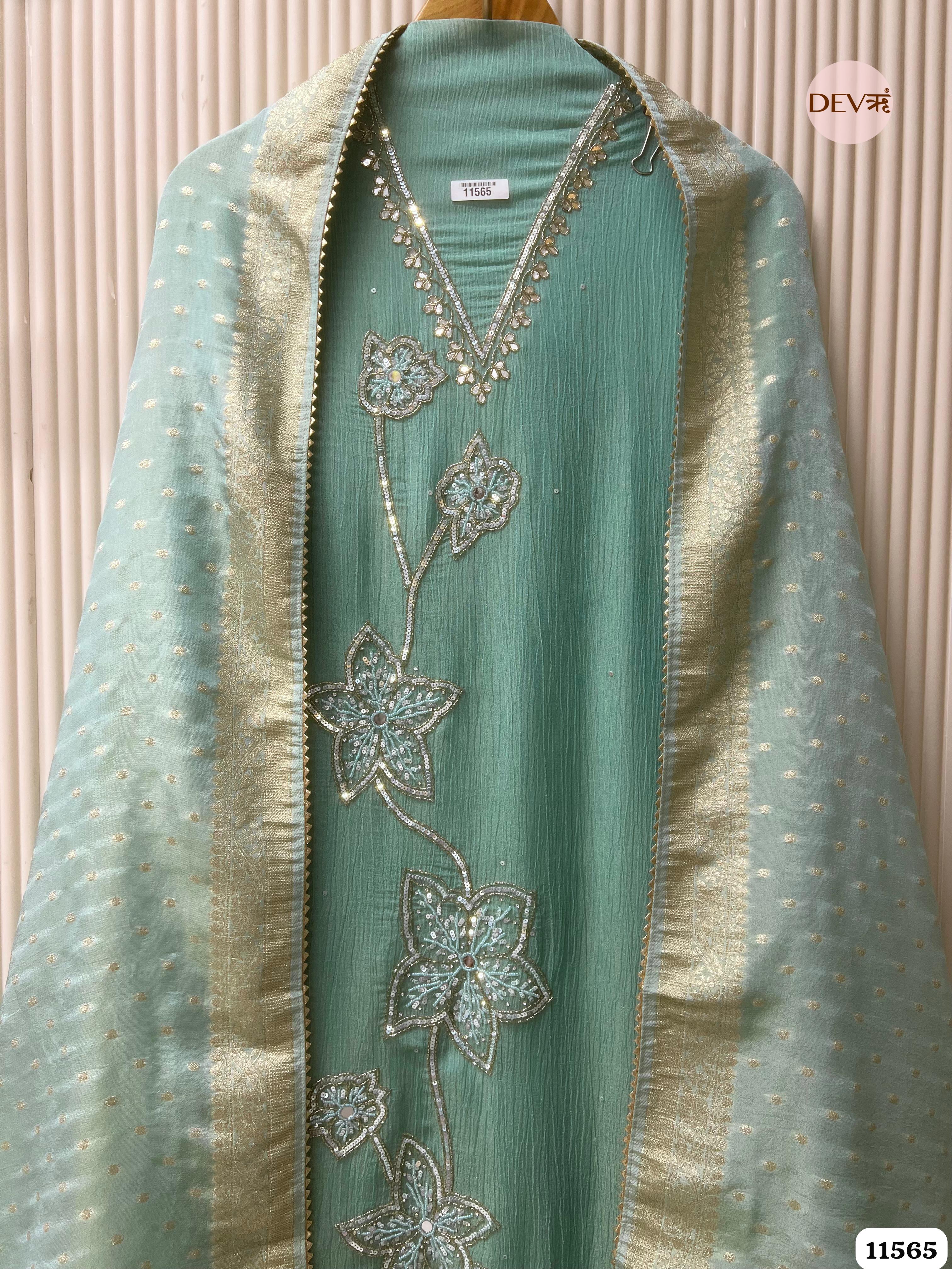 Seafoam Green Pure Chinon Unstitched Hand Embroidered -Set Of 3 {11565}