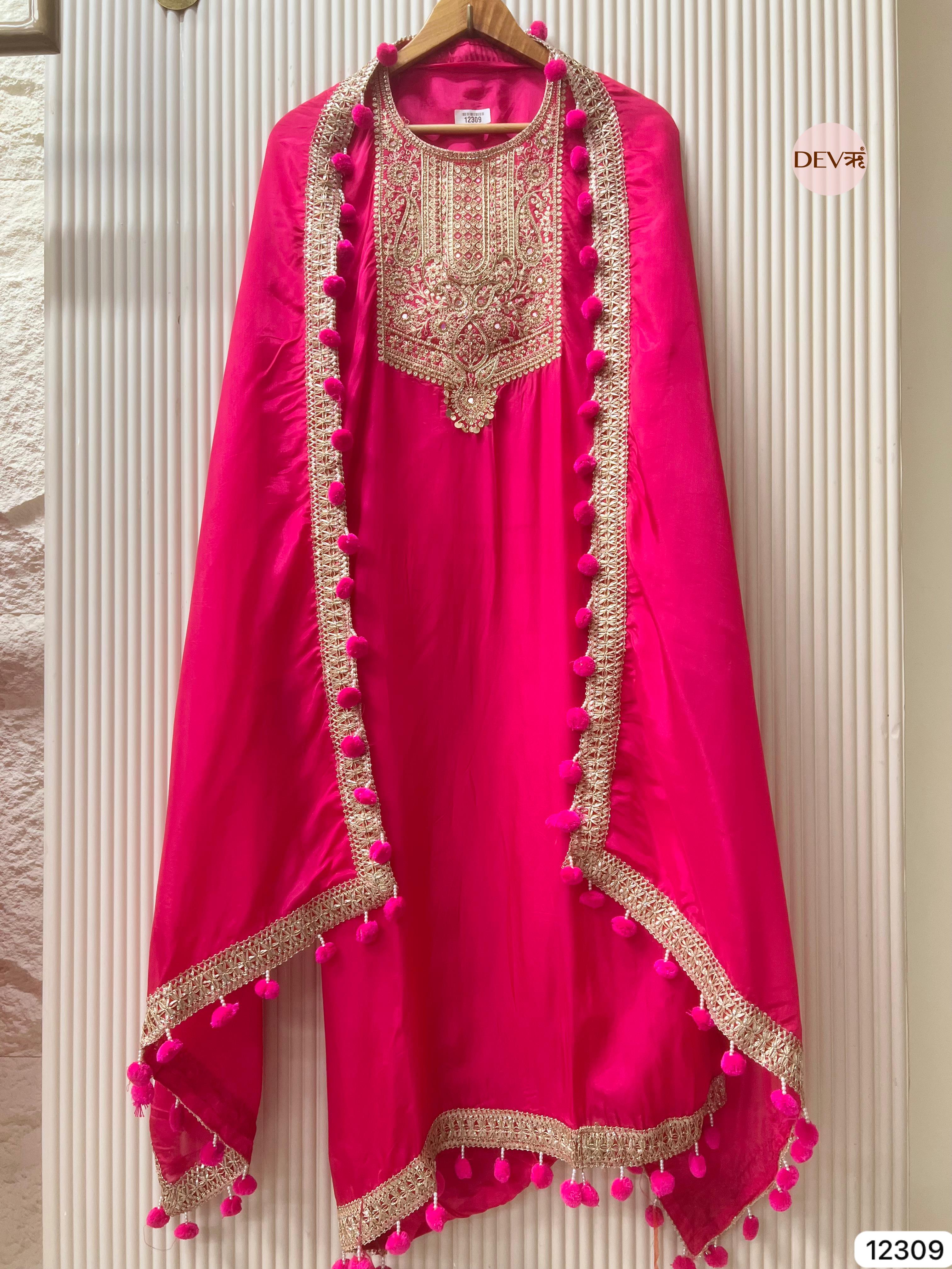 Rani Pink Glass Organza Embroidered Unstitched 3-Piece Suit (Devri – D.No 12309)