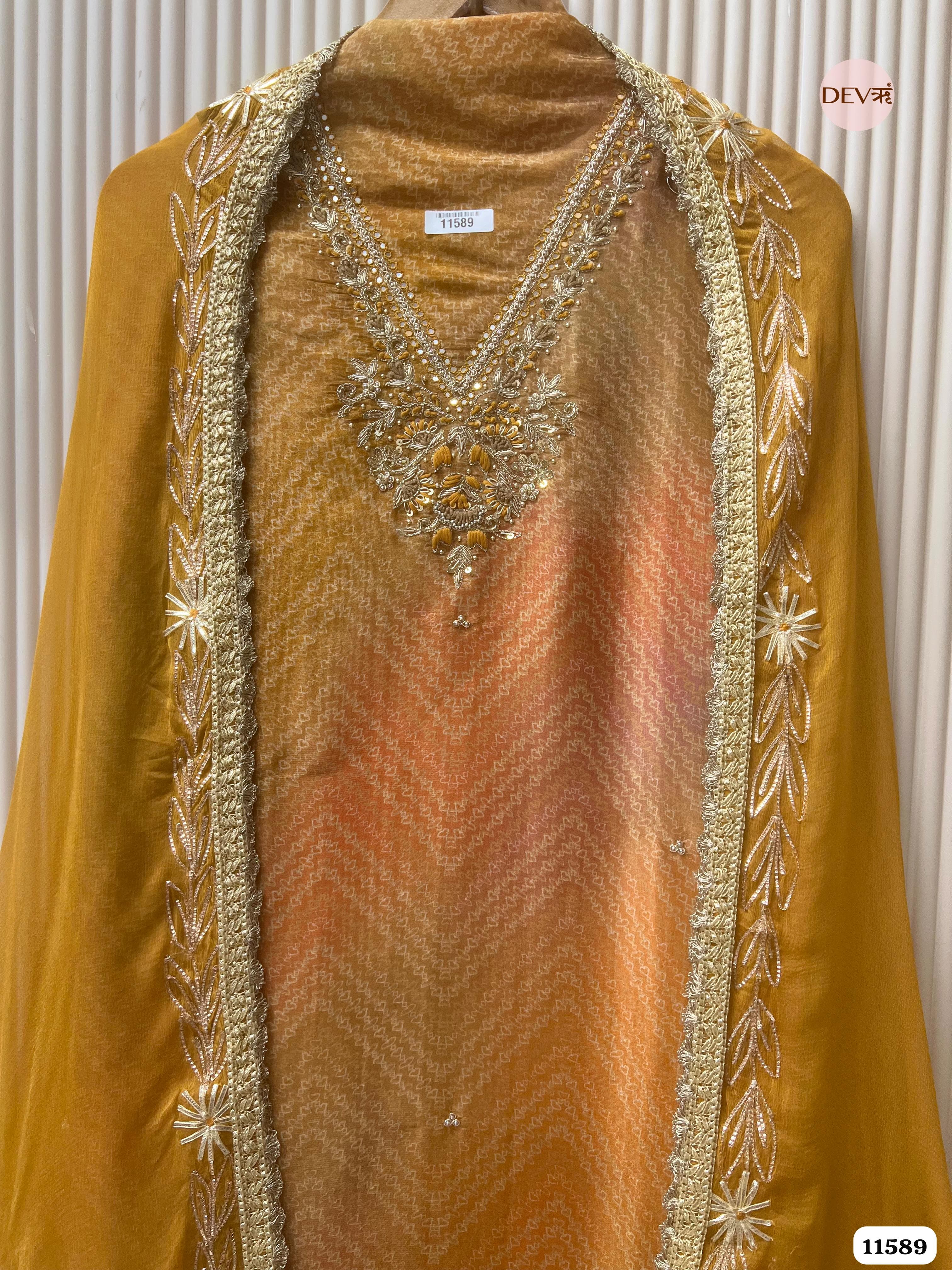 Mustard Yellow Pure Tissue Silk Printed Unstitched Hand Embroidered -Set Of 3 {11589}