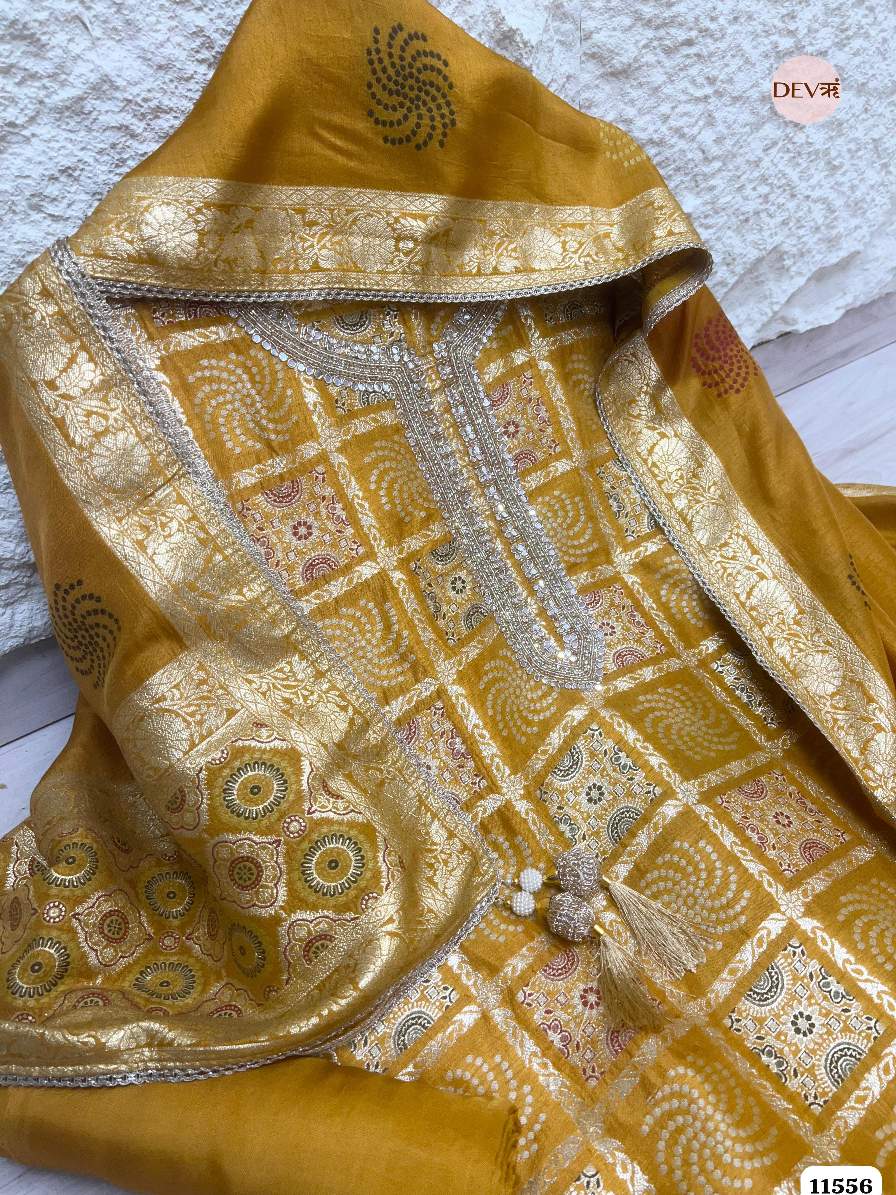 Mustard Yellow Pure Banarasi Silk Woven Unstitched Hand Embroidered -Set Of 3 {11556}