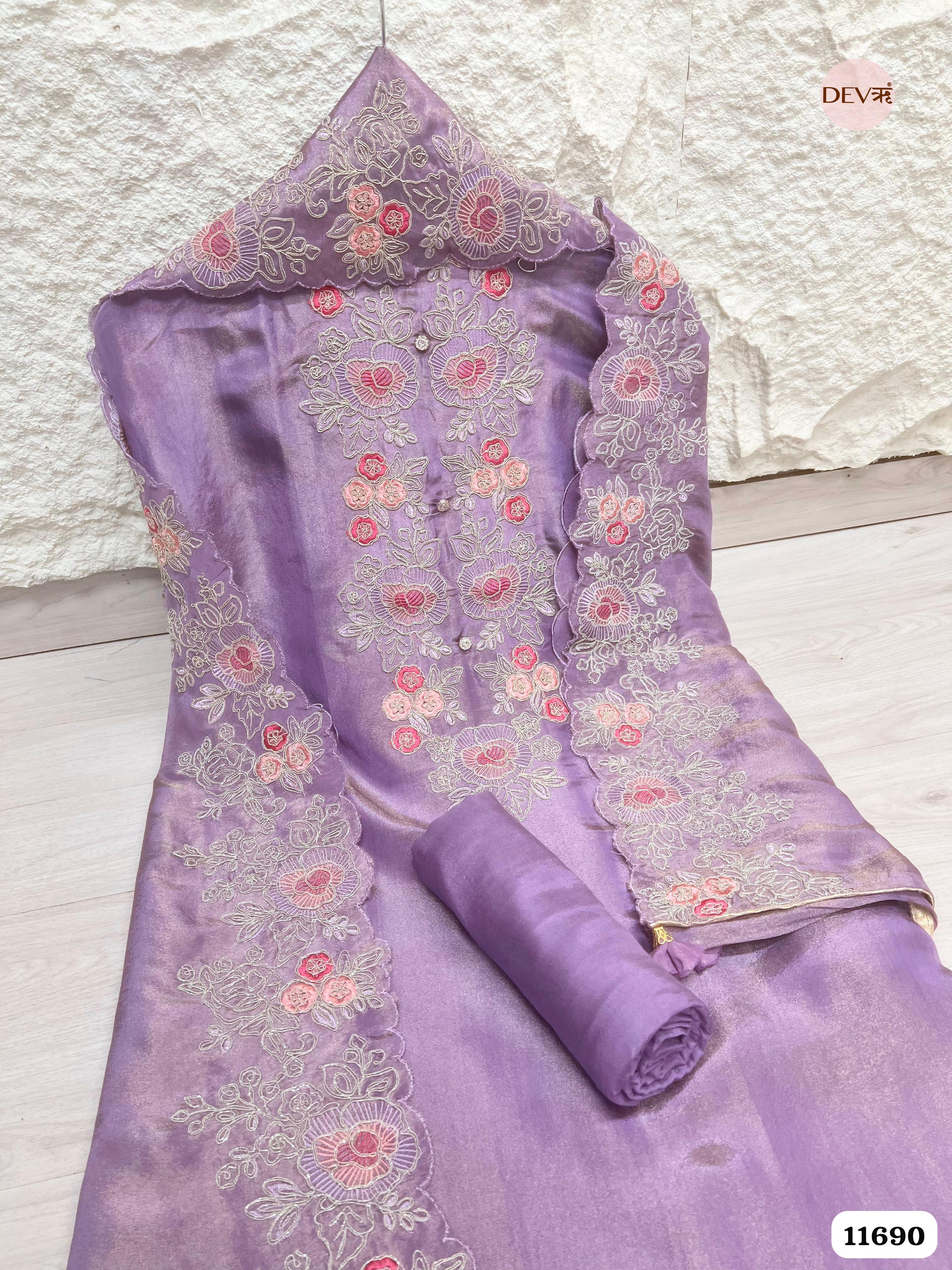 Purple Tissue Silk Unstitched Embroidered -Set Of 3 {11690}