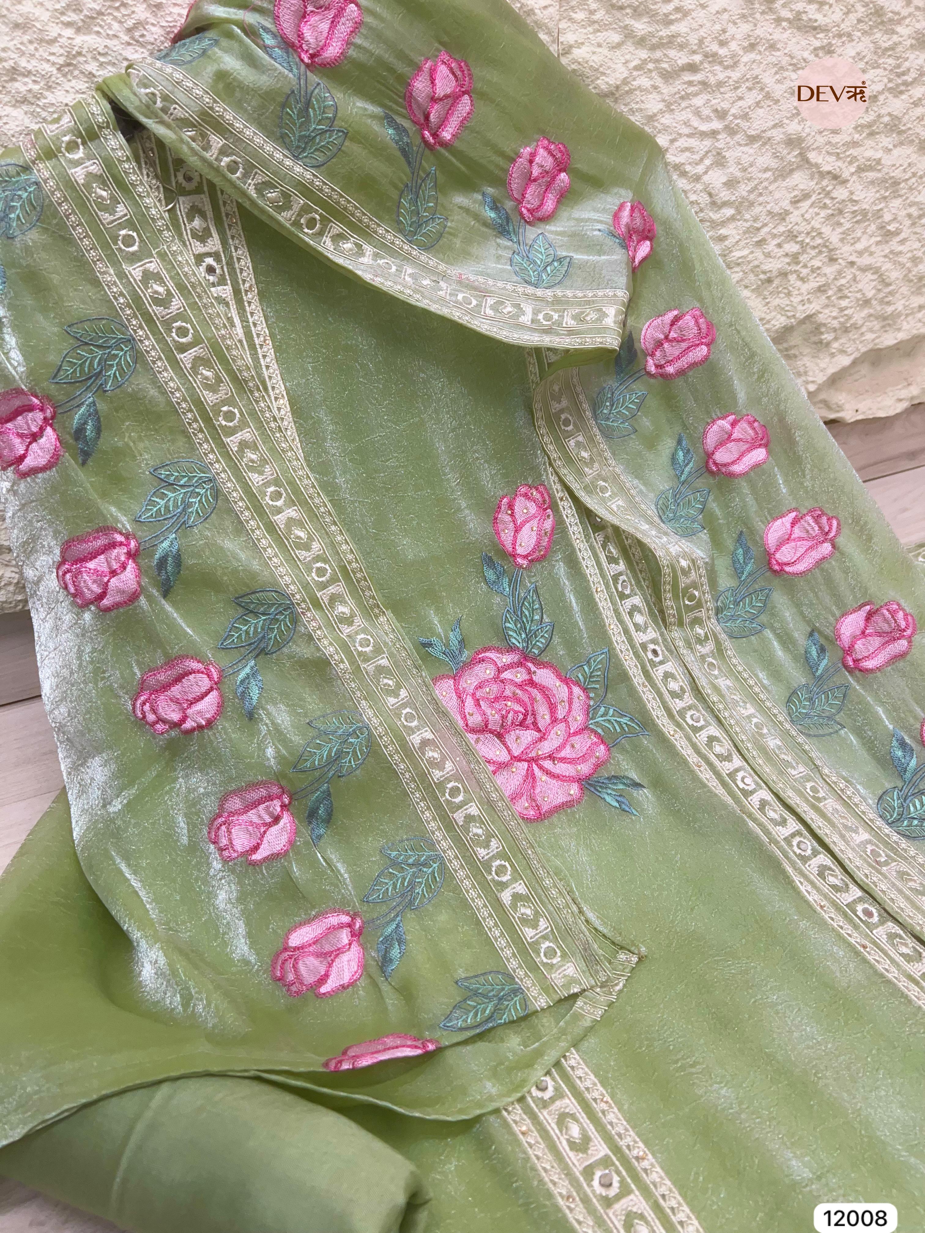 Green Tissue Organza Silk Unstitched Embroidered -Set Of 3 - {12008}