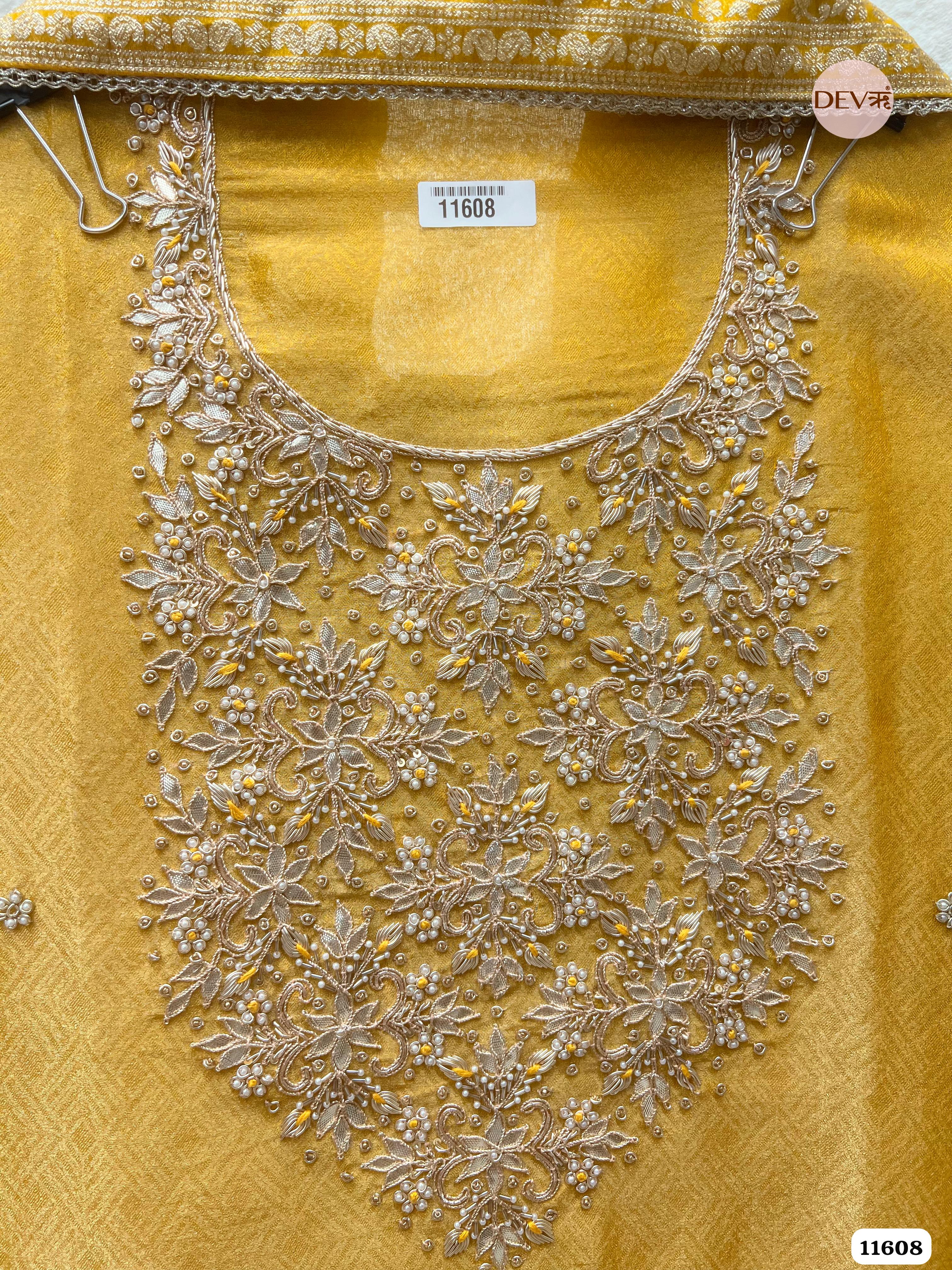 Yellow Pure Tissue Banarasi Silk Unstitched Hand Embroidered -Set Of 3 {11608}