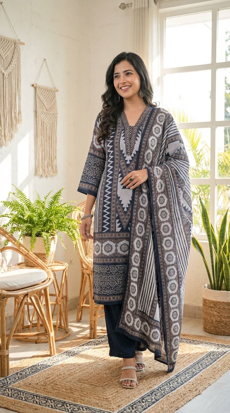 Aarunya Muslin Printed Blue 3-Piece Set (Devri – D.No 2036)