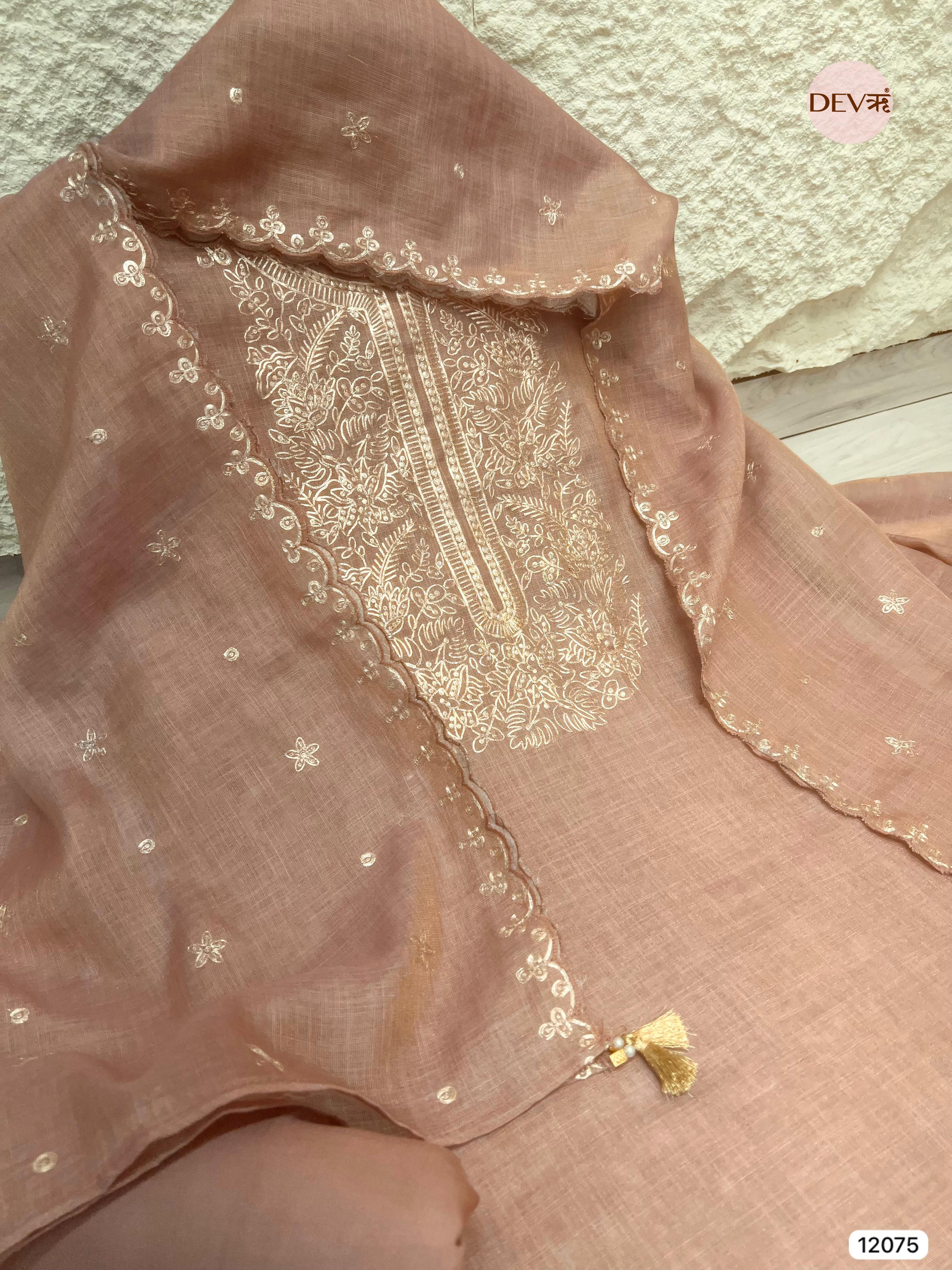 Brown Pure Linen Unstitched Zardosi Embroidered -Set Of 3 - {12075}