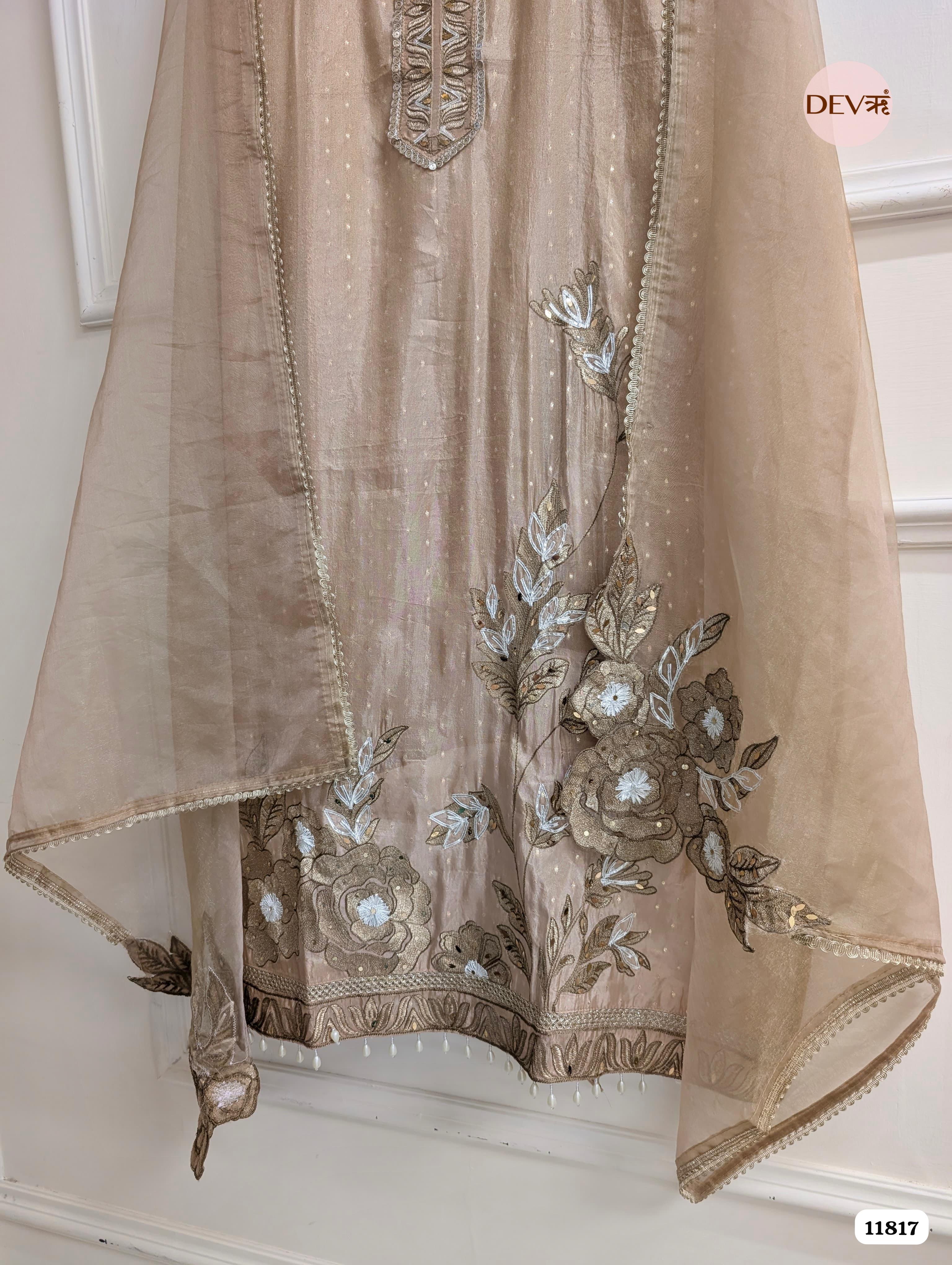Golden Tissue Silk Woven Unstitched Embroidered -Set Of 3 {11817}