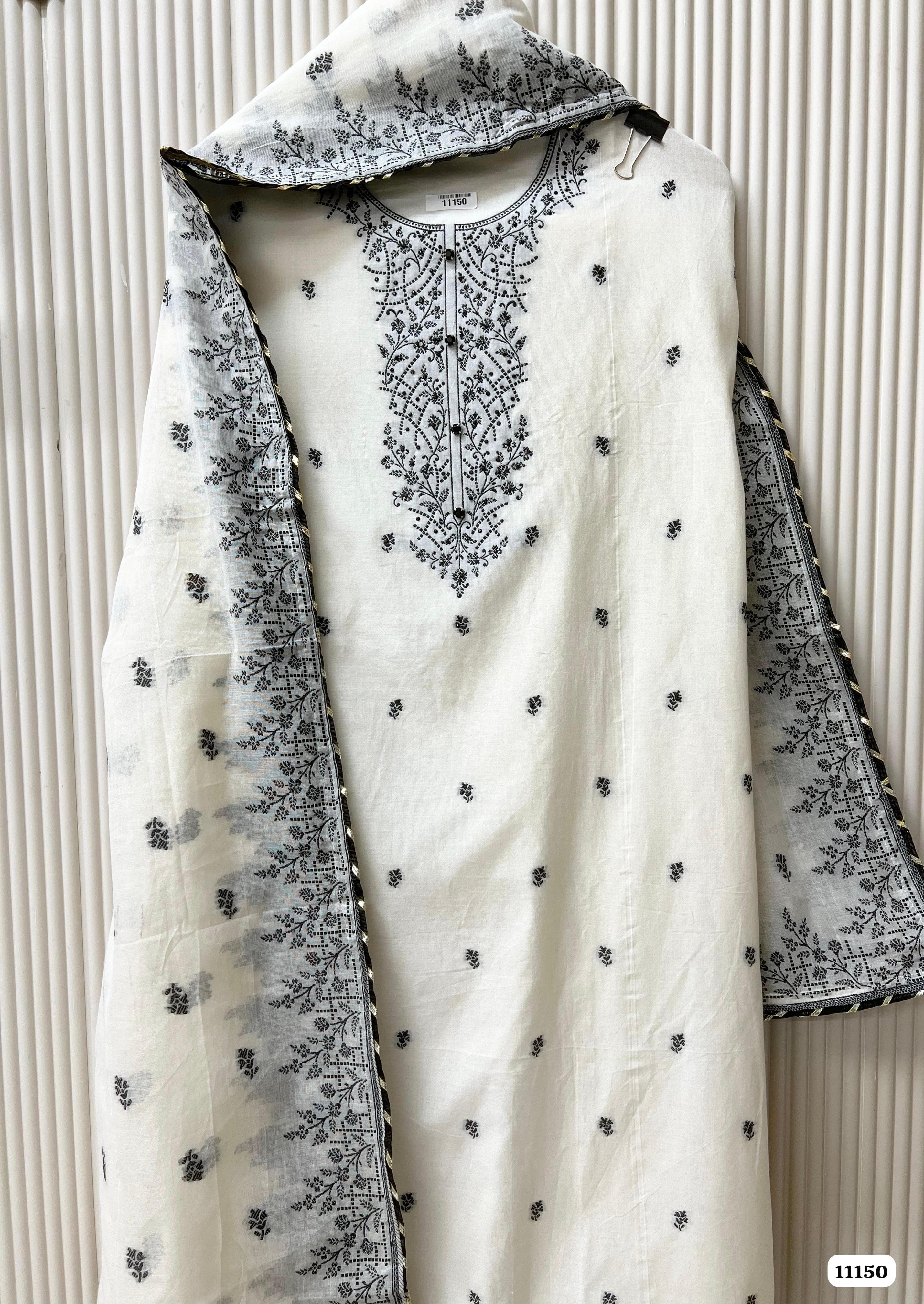 White Jamdani Cotton Woven Unstitched Printed -Set Of 3