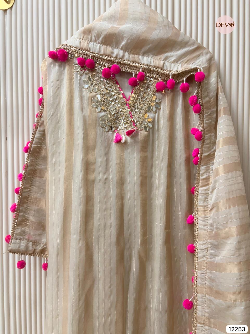 Beige Tissue Shimmer Silk Embroidered Unstitched 3-Piece Suit (Devri – D.No 12253)