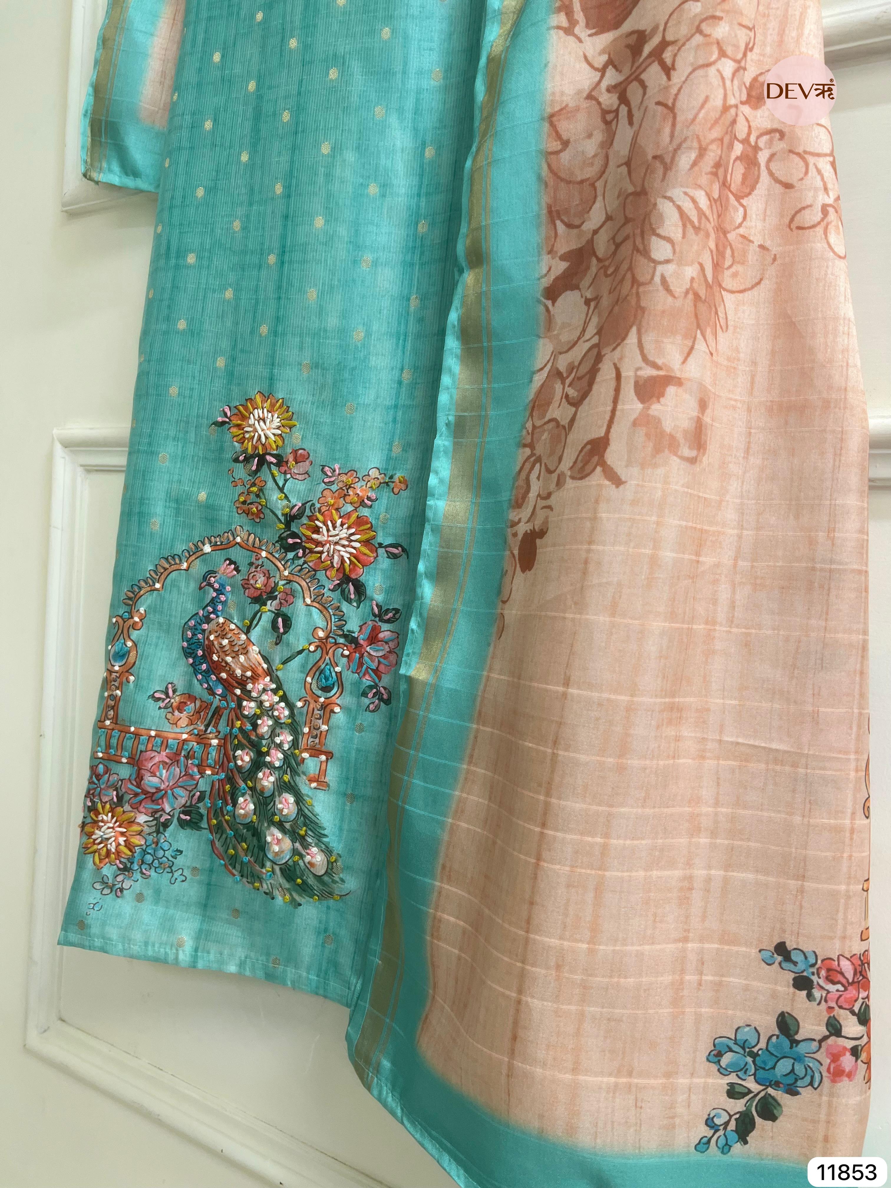Light Blue Tusser Silk Unstitched Printed Hand Embroidered -Set Of 3- {11853}