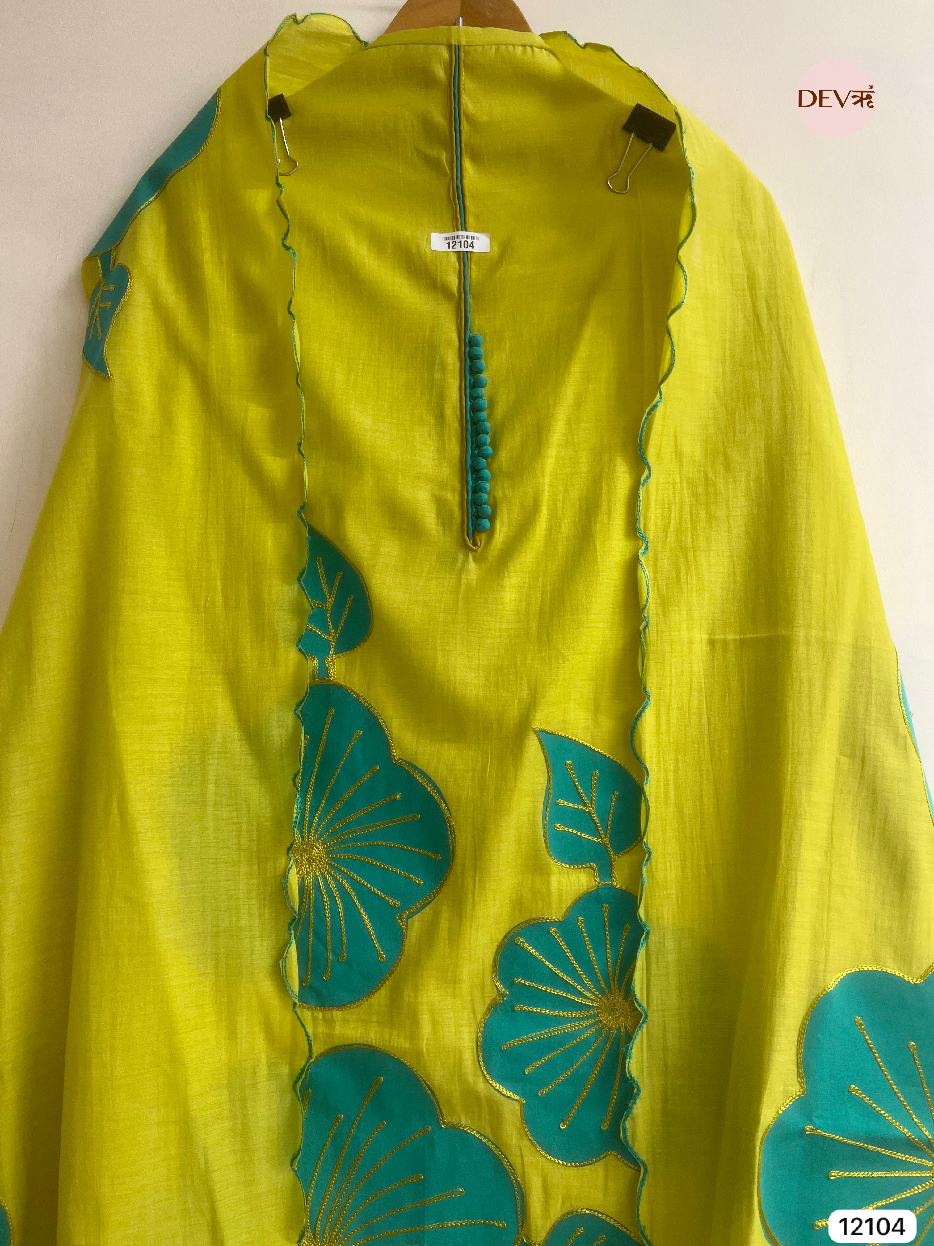 Green Modal Silk Unstitched Applique Embroidered -Set Of 3- {12104}