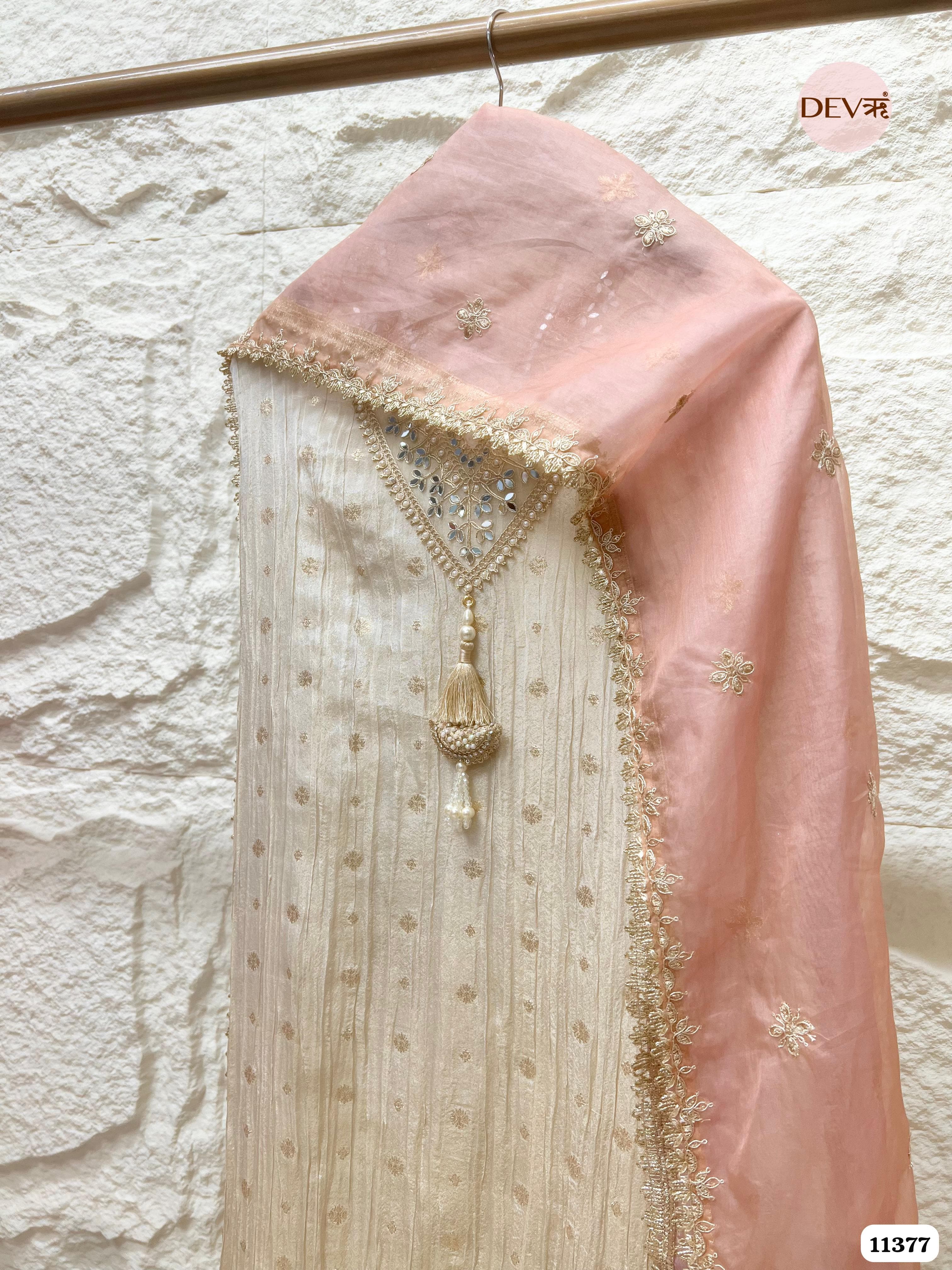 Off White Tissue Silk Unstitched Woven Hand Embroidered -Set Of 3 {11377}