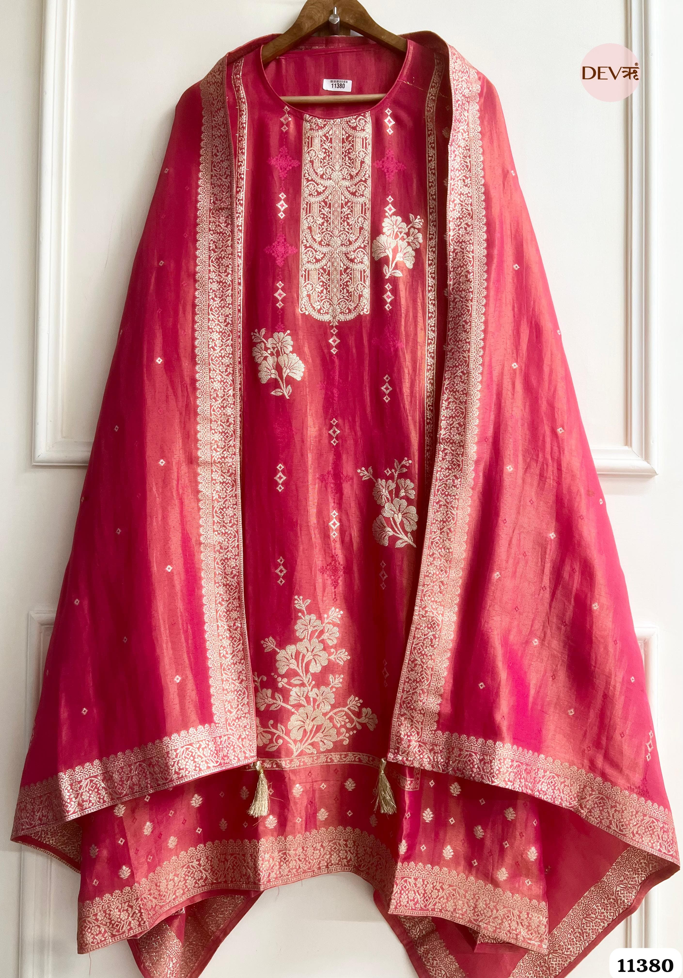 Pink Tissue Silk Unstitched Woven -Set Of 3 {11380}