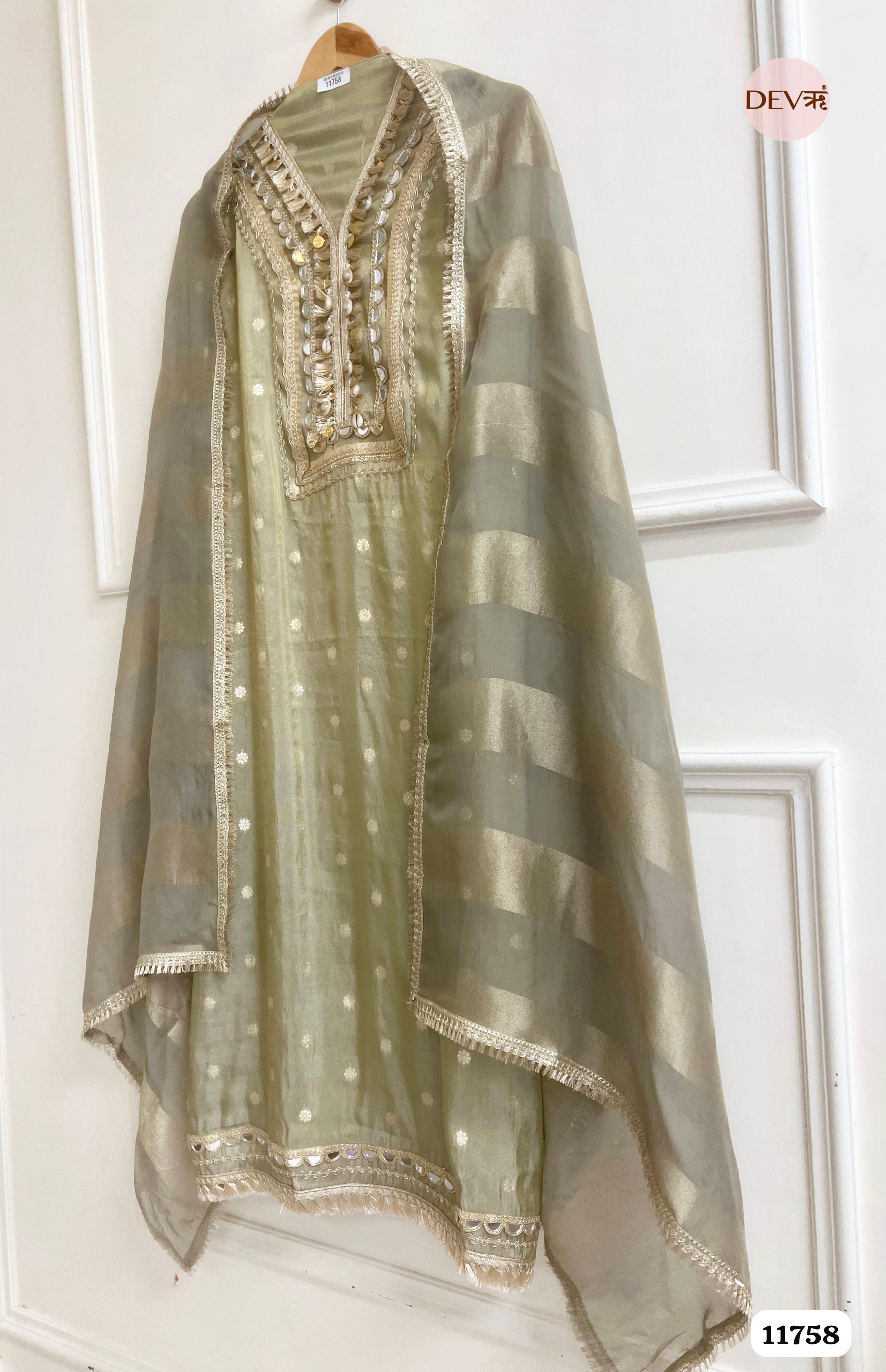 Green Tissue Silk Unstitched Hand Embroidered -Set Of 3 {11758}