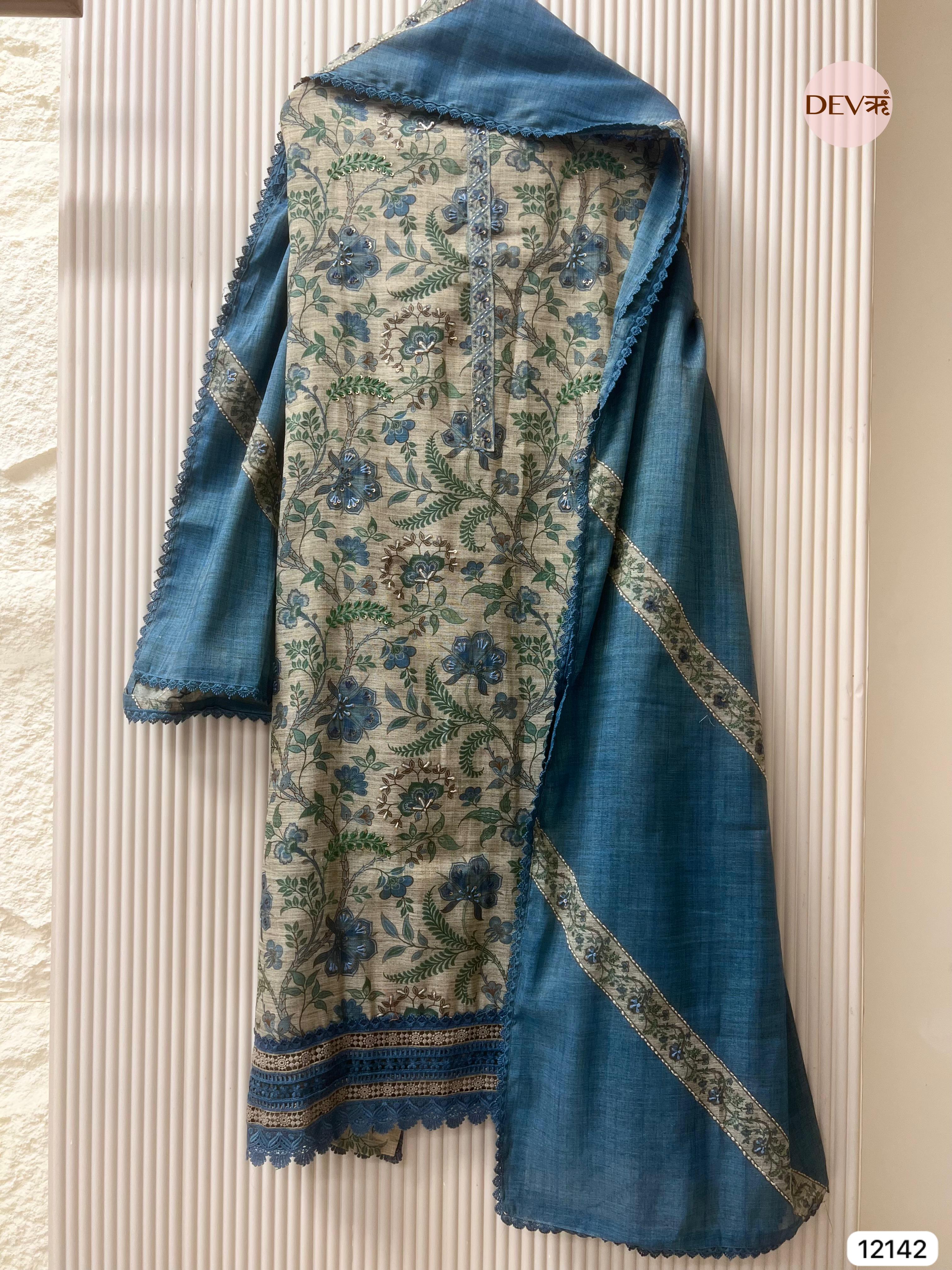 Multi Colour Pure Khadi Silk Unstitched Printed -Set Of 3 - {12142}