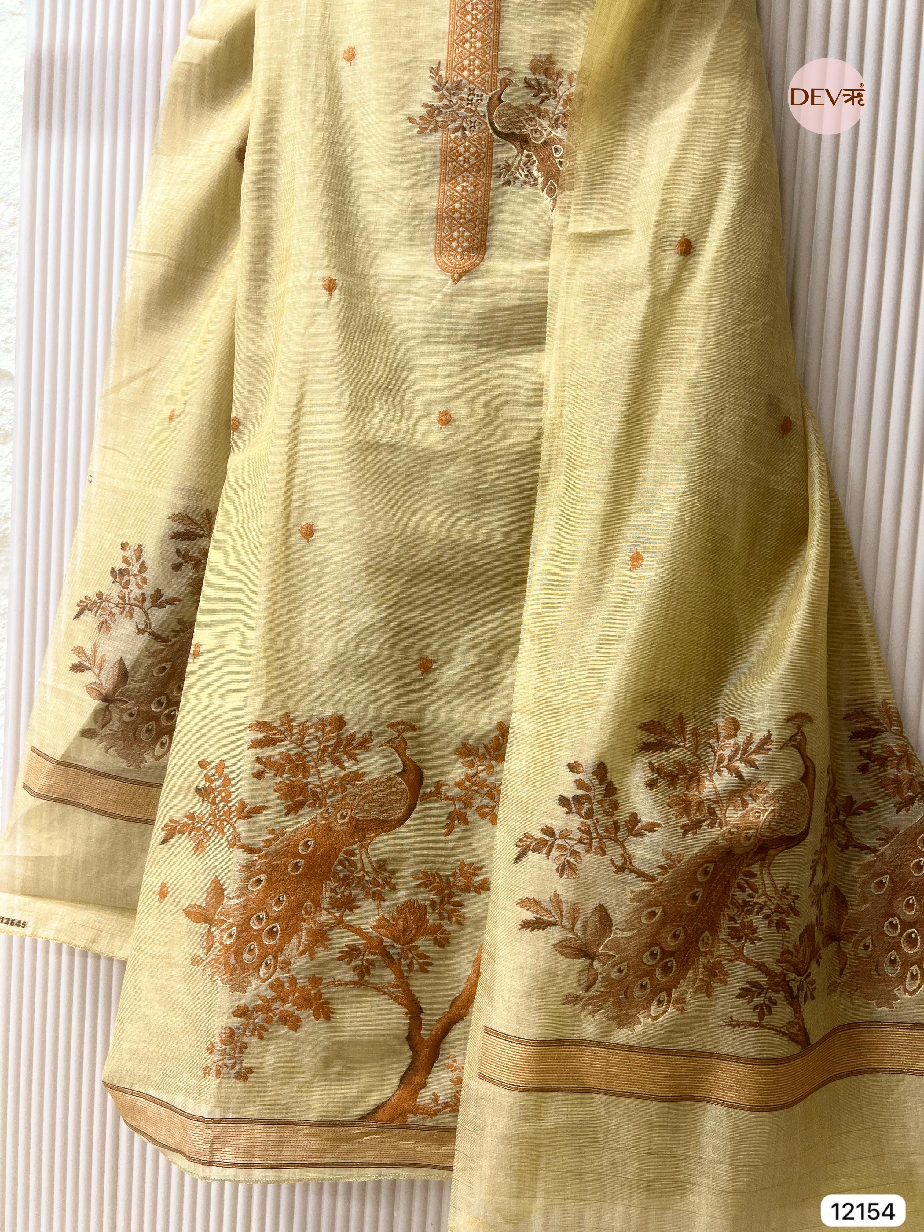{12154} Yellow Jamdani Linen Unstitched - Set Of 3