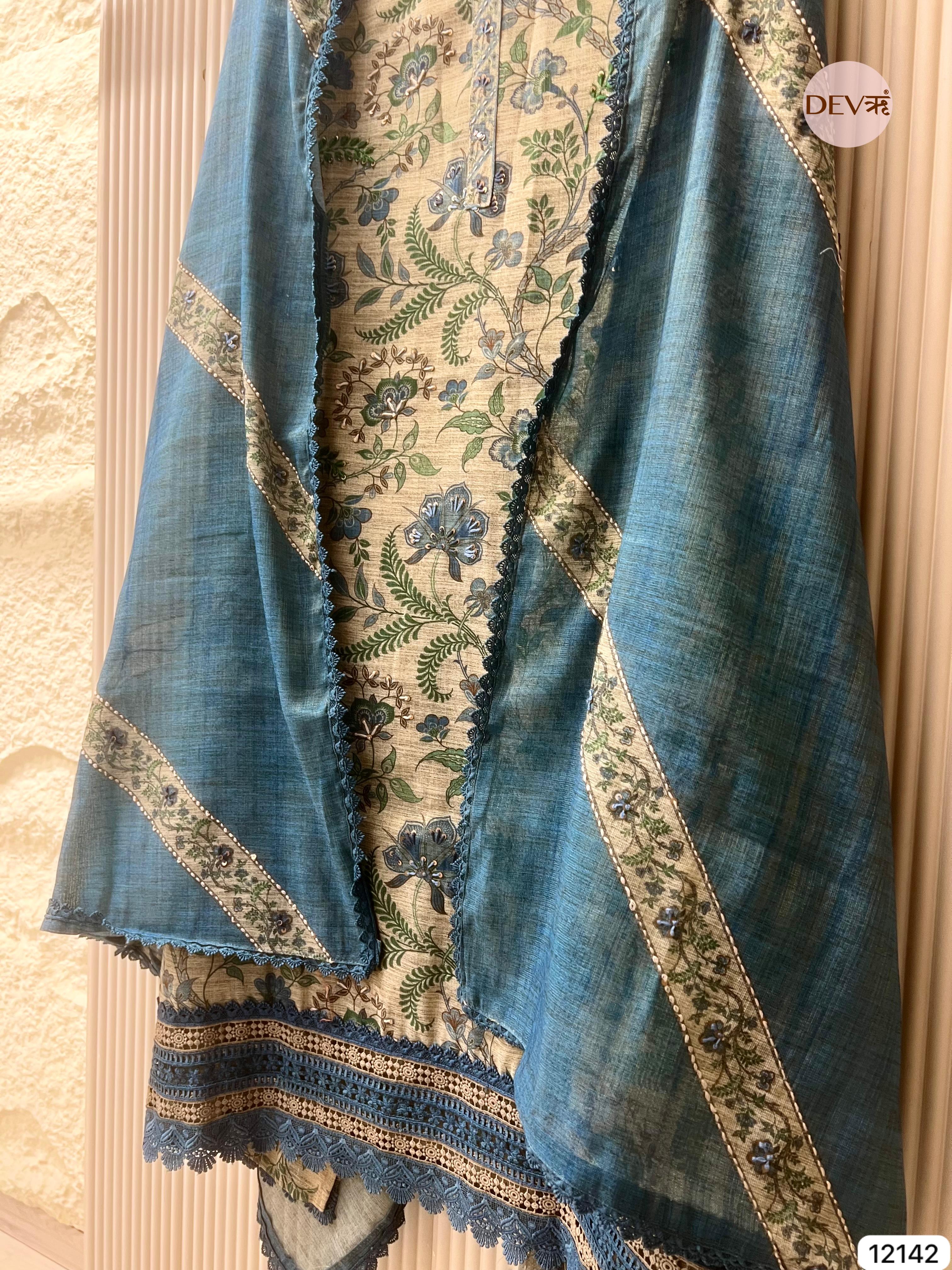 Multi Colour Pure Khadi Silk Unstitched Printed -Set Of 3 - {12142}
