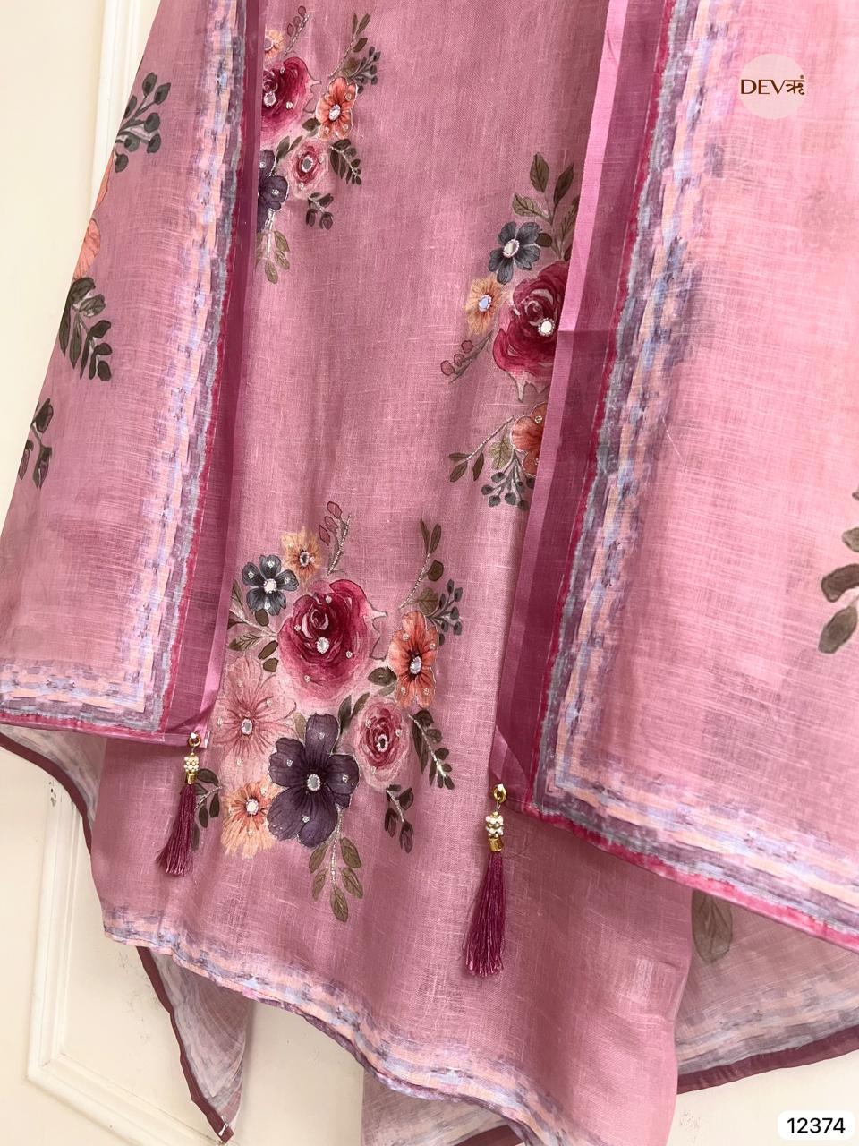 Rose Pink Linen Printed Unstitched 3-Piece Suit (Devri – D.No 12374)