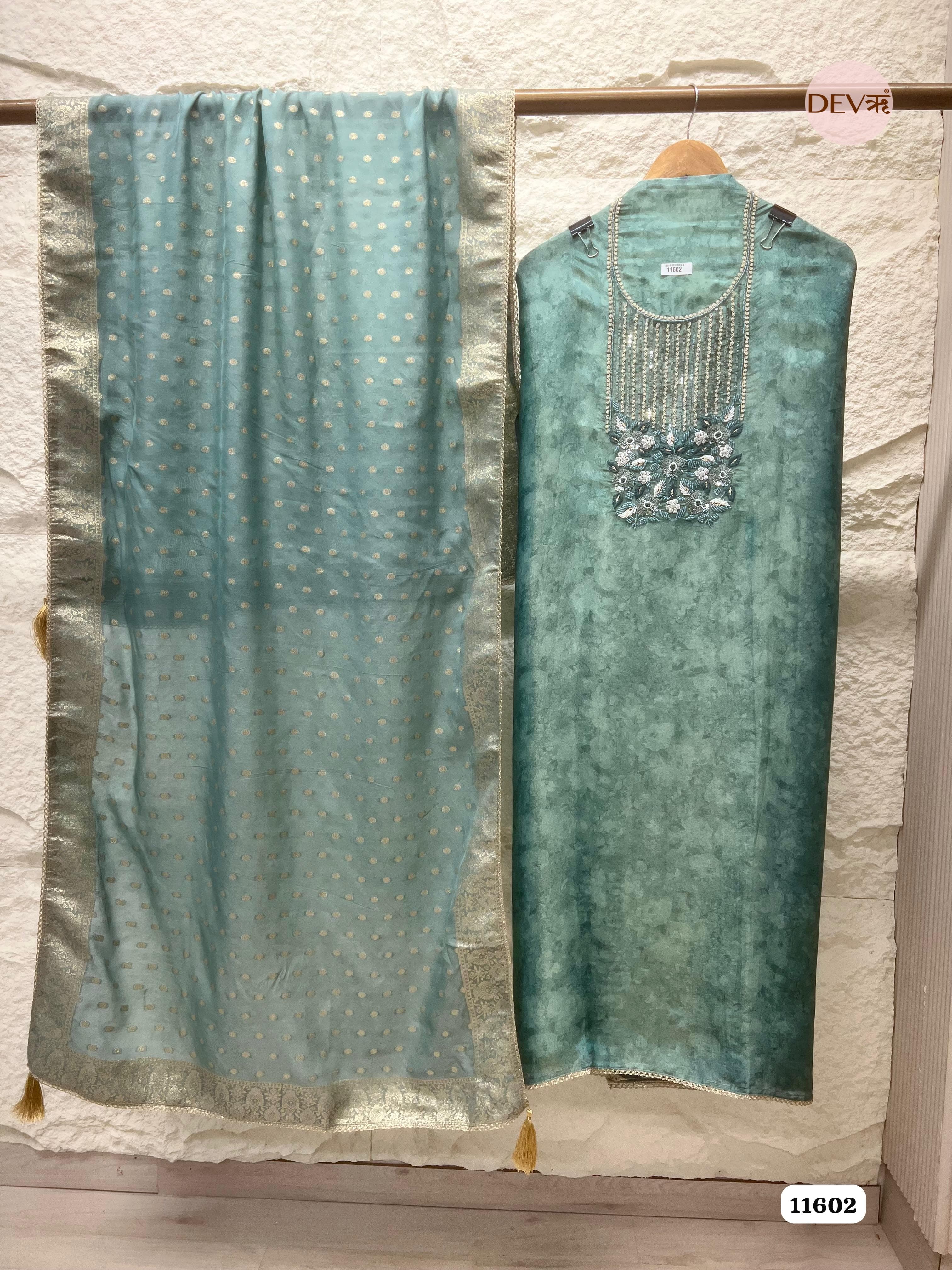 Sea Green Pure Tissue Silk Unstitched Hand Embroidered -Set Of 3 {11602}