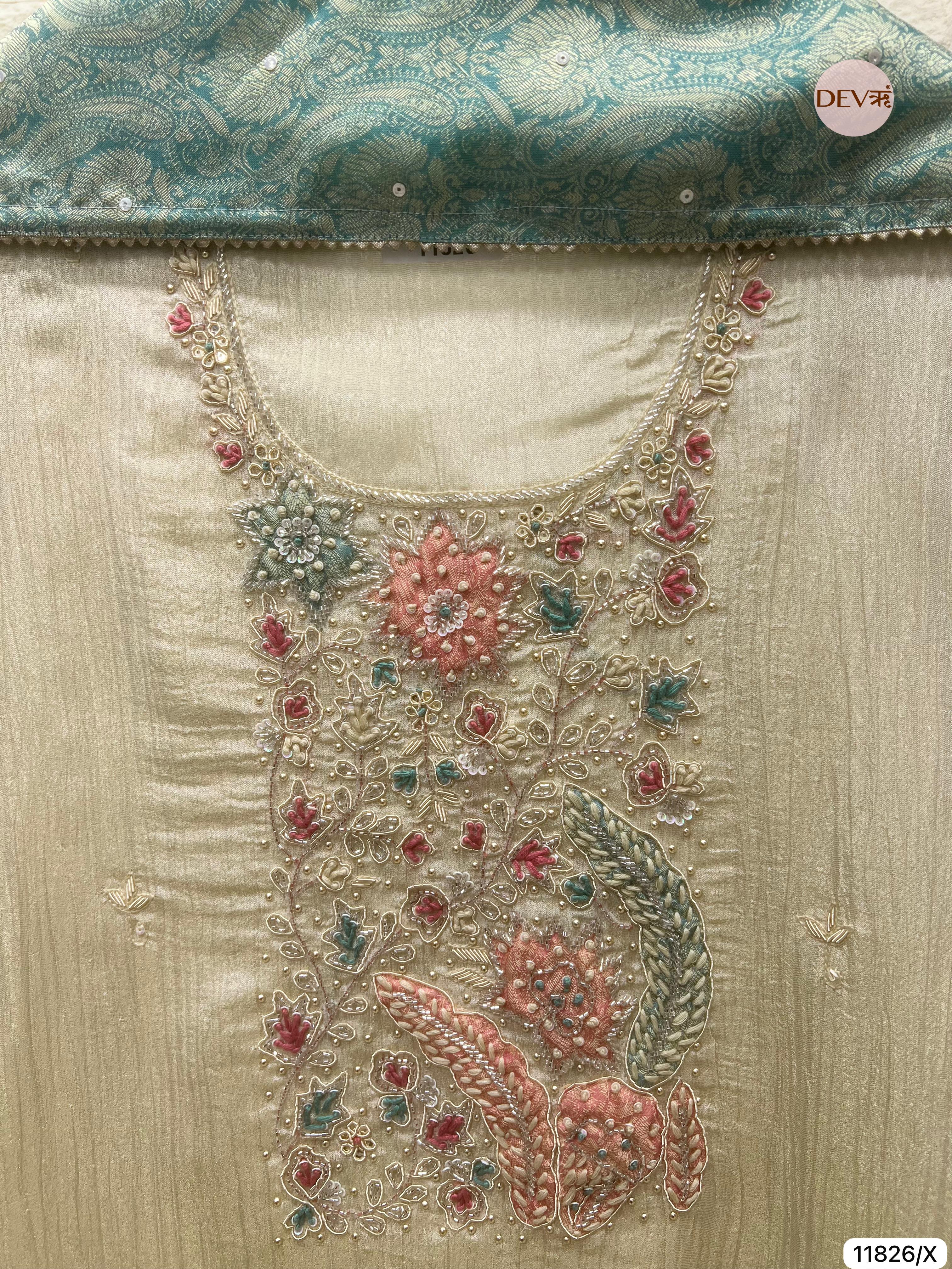Off White Pure Tissue Crush Silk Unstitched Hand Embroidered -Set Of 3- {11826/X}