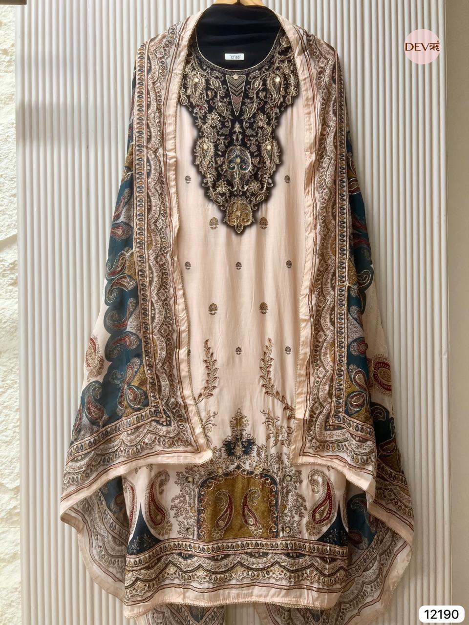 Soft Cream Muslin Printed Unstitched 3-Piece Suit (Devri – D.No 12190)