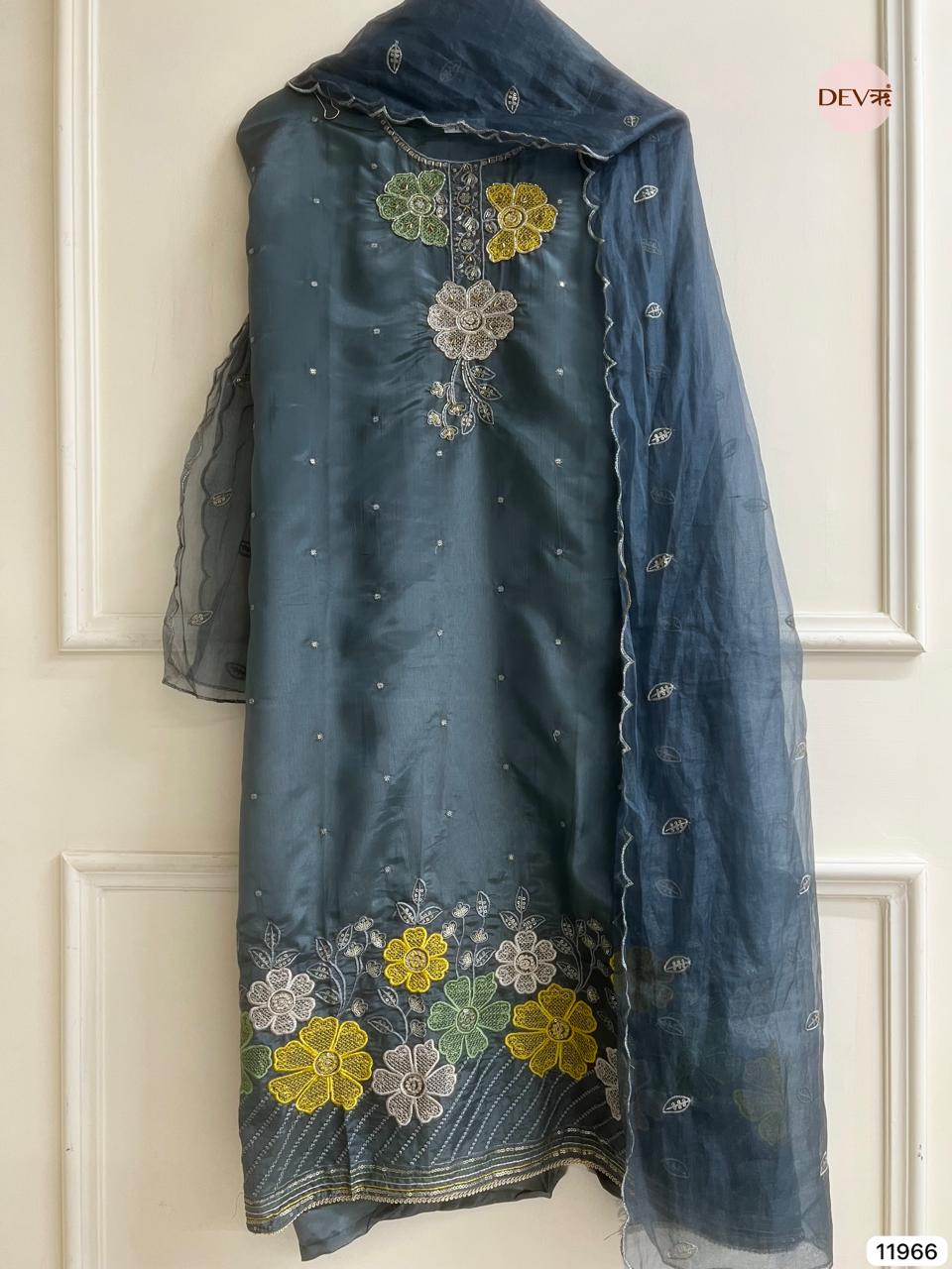 Blue Tissue Shimmer Silk Unstitched Embroidered -Set Of 3 - {11966}