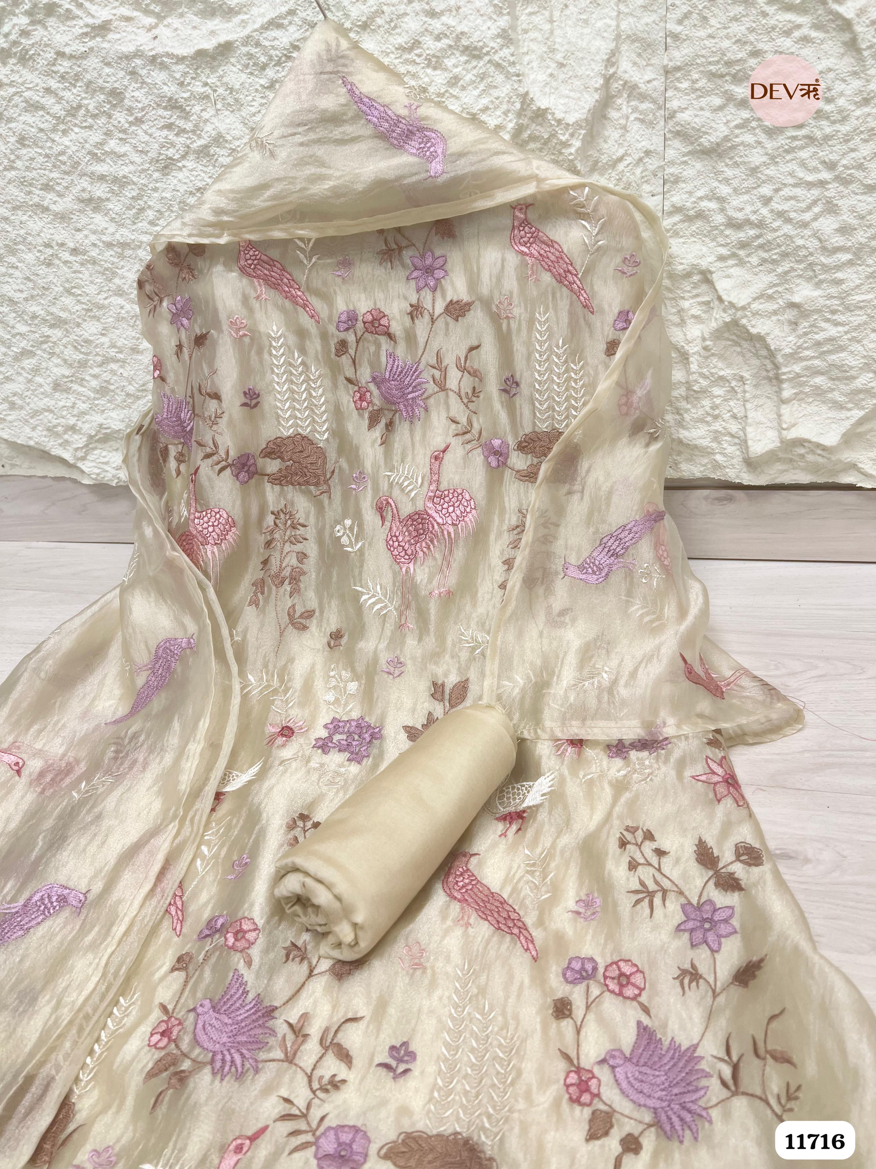 Creamy White Tissue Organza Silk Unstitched Embroidered -Set Of 3 - {11716}